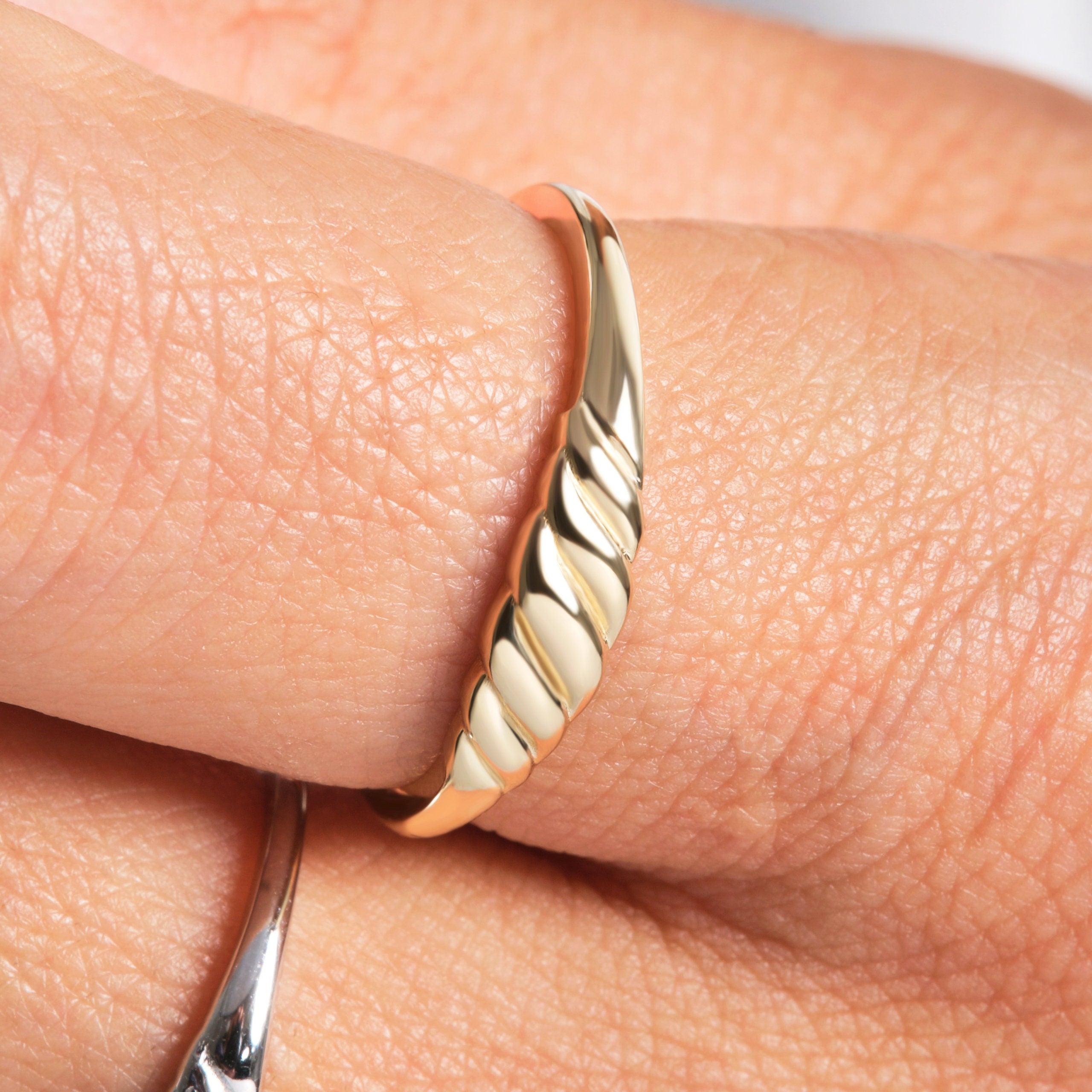 Here's Croissant Dome Statement Ring for Women! This 14K Solid Gold Thick Twisted Rope Wedding Band will be perfect Promising Jewelry for your Bride in her wedding or engagement ceremony. 18K Bold Signet Ring turns to Elegance Chunky Gold Ring!