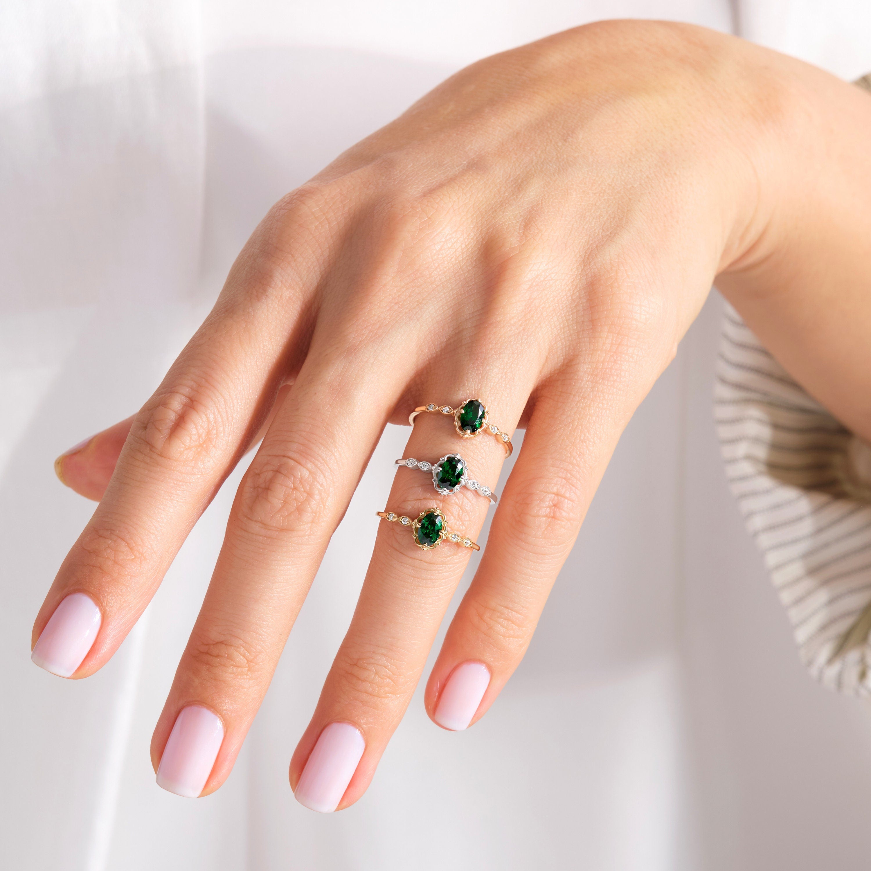 We combined oval emerald engagement ring with 14K solid gold small side diamond and created emerald diamond ring! This art deco emerald green wedding ring with tiny diamond can be customize with her birthstone! Are you looking for emerald ring gold and may birthstone ring. Here is emerald promise ring and oval emerald ring for yourself. Discover our thinking of you ring and 14K birthstone ring as a cristojuanna emerald gift.