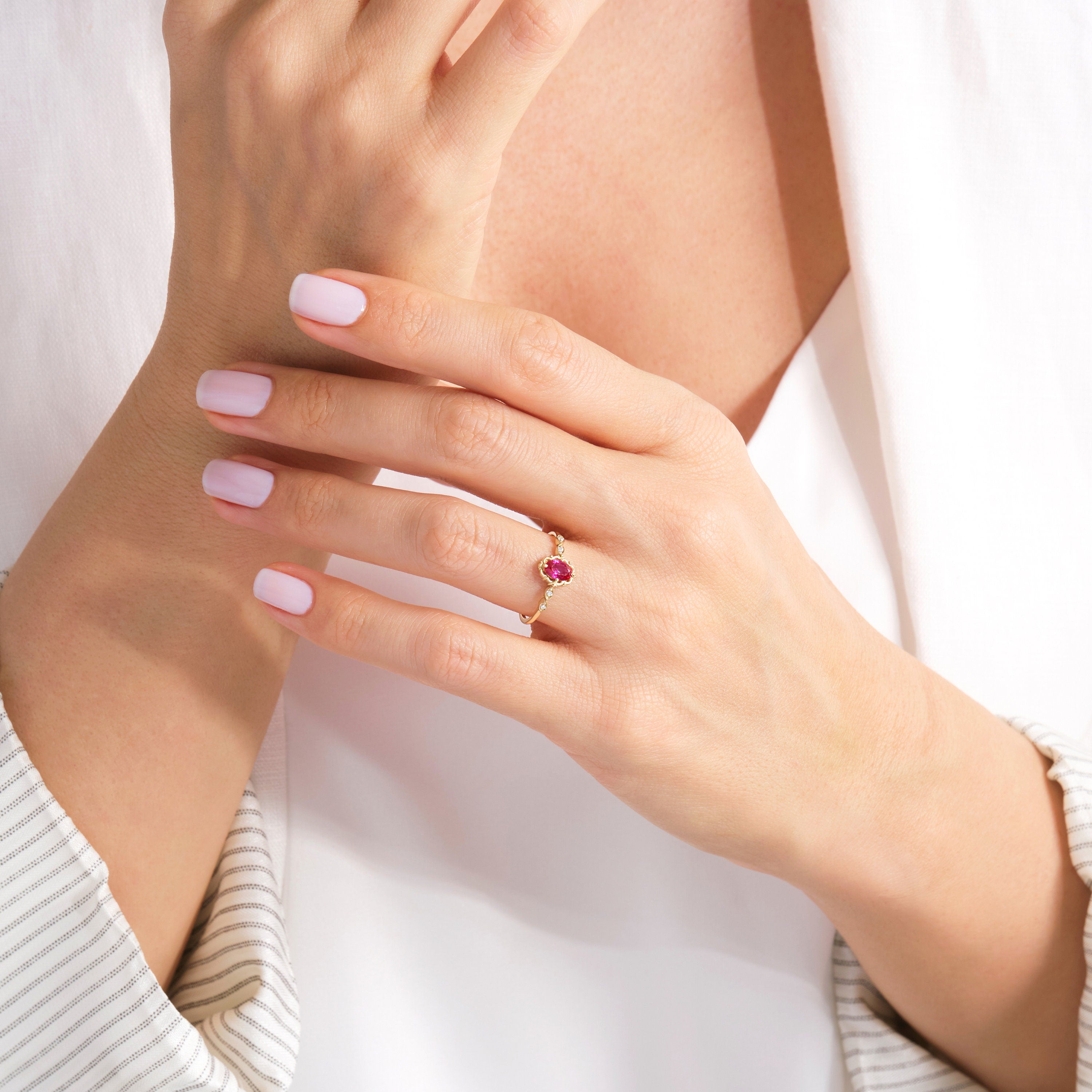 We combined Ruby Diamond Engagement Ring with premium Custom Oval Birthstone Moissanite Wedding Ring and created Luxury 10K 14K 18K Gold Cz Ring for bride! This Rubies Gemstone Ring can be customize with her gemstone depend on her birthmonth!