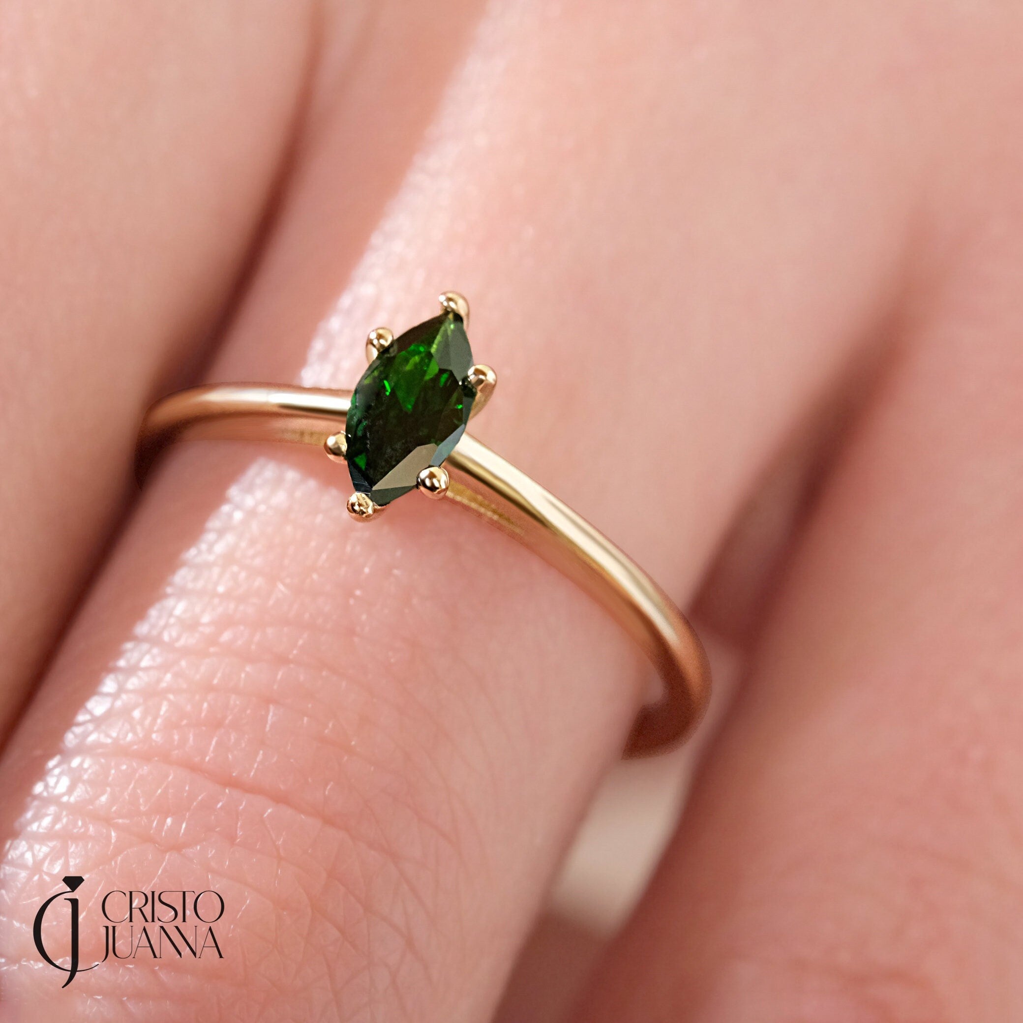 Here is our marquise cut emerald ring with 14K solid gold band for women! This solo birthstone ring for women and customize single stone ring will be perfect gift for her wedding or engagement ceremony.