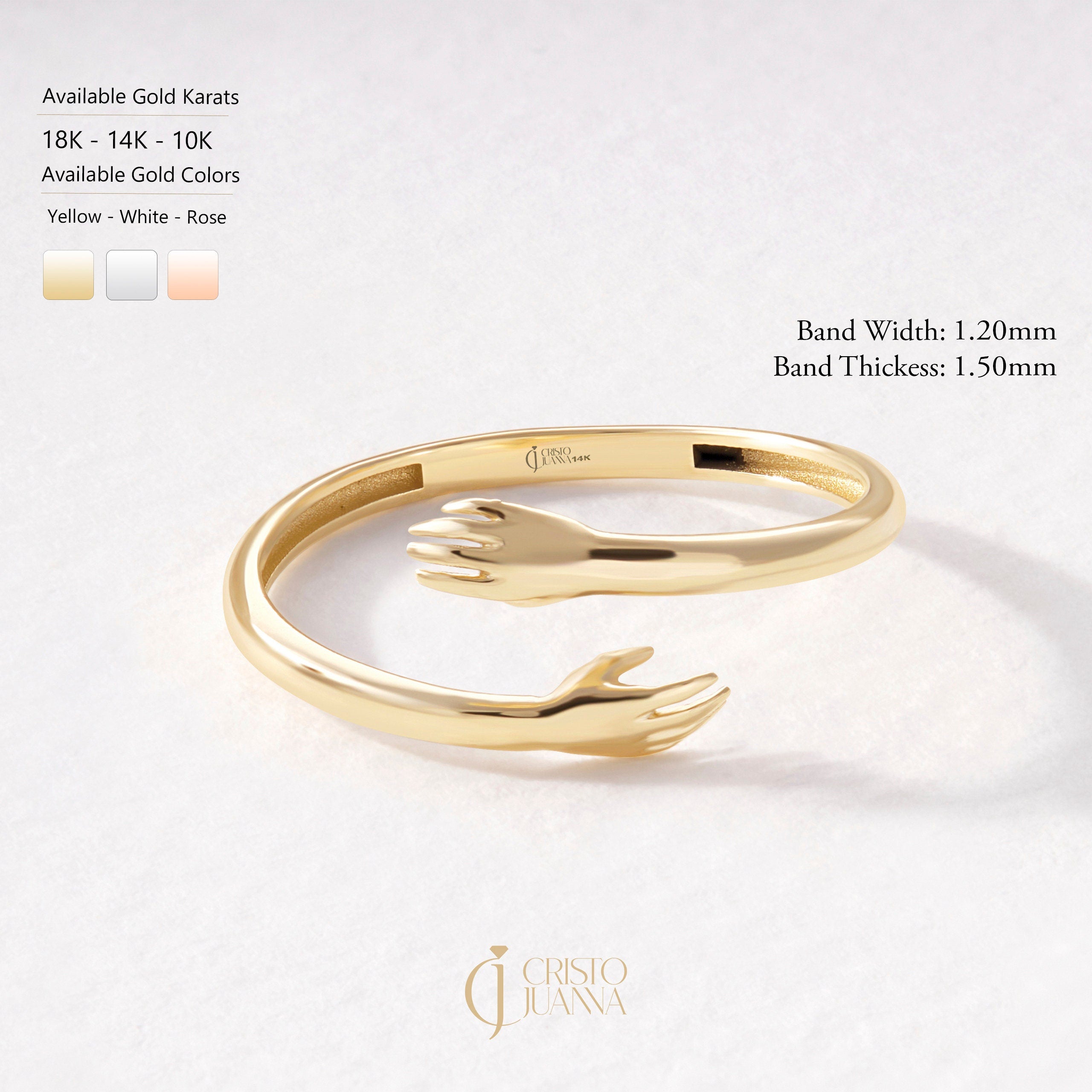 Hugging Lovingly Ring, 14K Solid Gold Hug Stacking Ring for Women, Love Hands Open Cuff Stacked Band, Dainty Adjustable Love Ring