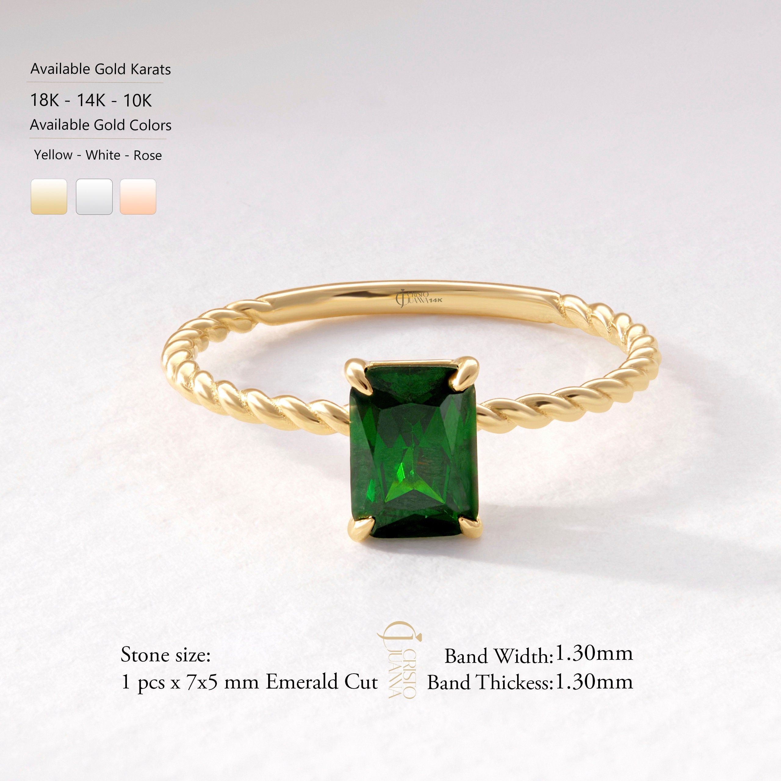 Emerald Cut Emerald Ring – 14K Solid Gold Twisted Rope Band 💚✨
This emerald cut emerald ring blends timeless sophistication with artisanal design. The deep green rectangular gemstone is beautifully framed by a twisted rope band, handcrafted in solid 14K gold for a touch of vintage luxury. Whether worn solo or stacked, it’s a graceful statement of renewal, elegance, and individuality — perfect as a birthstone, anniversary, or Christmas gift.