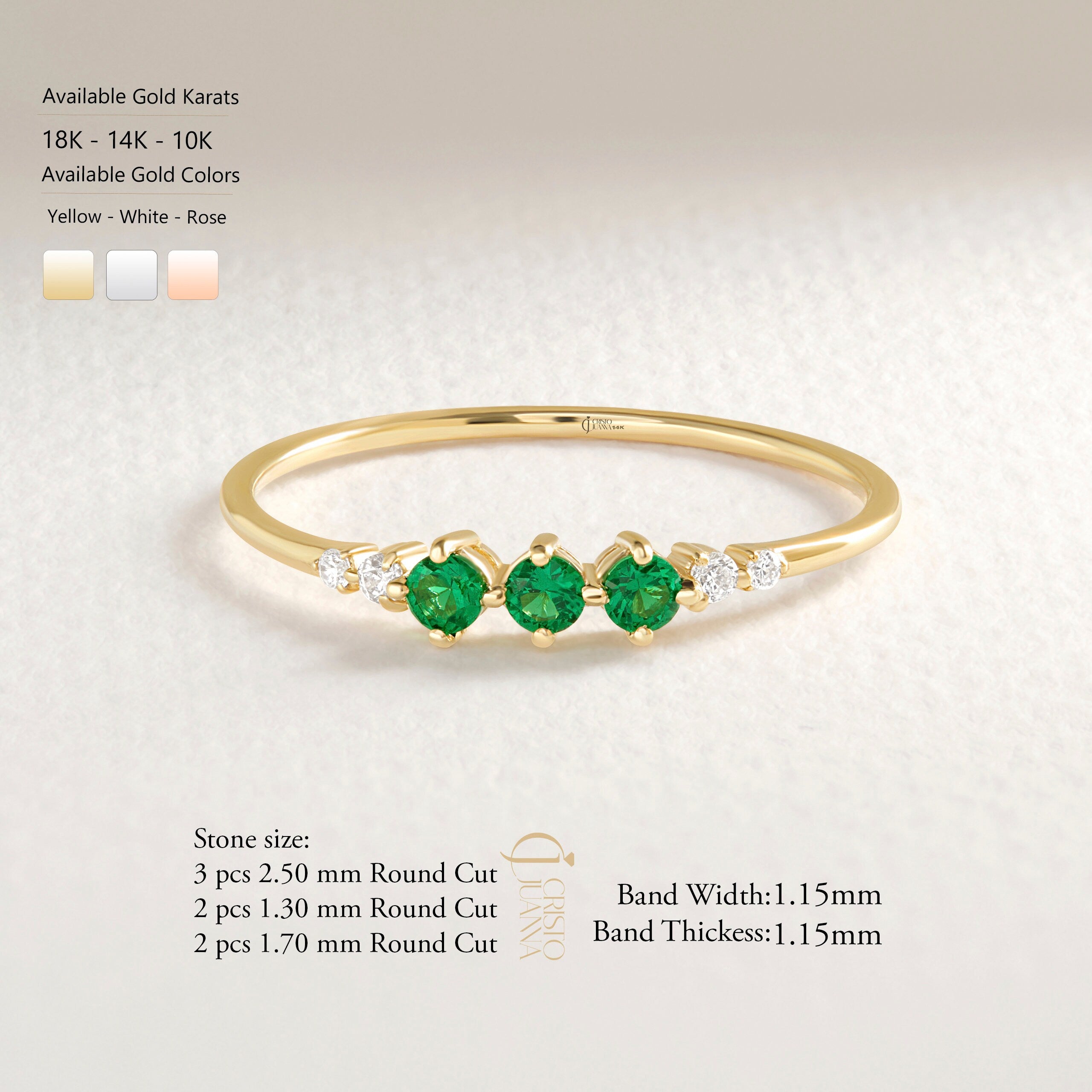 Round Emerald & Diamond Three-Stone Ring – 14K Solid Gold 💚💎
Elegant, symbolic, and full of meaning — this three-stone emerald ring represents love, balance, and renewal. Featuring three vivid round-cut emeralds accented by two sparkling side diamonds, it’s a modern heirloom designed for everyday sophistication or milestone celebrations.