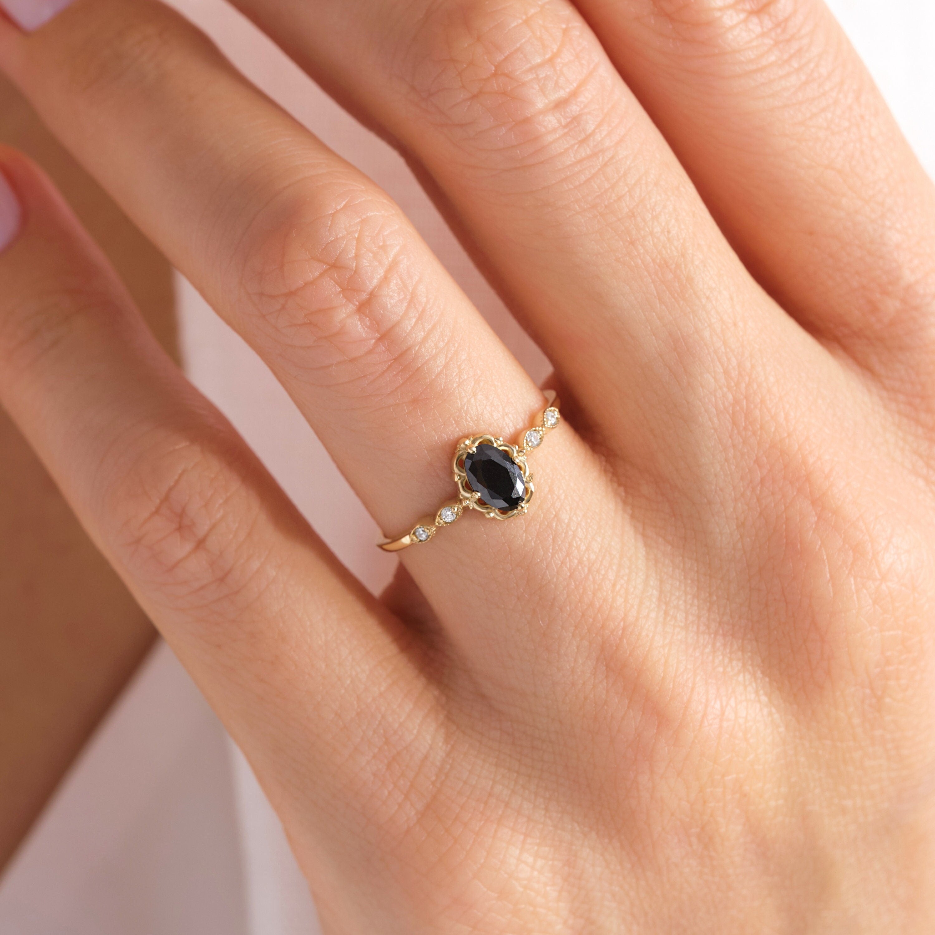 ChatGPT:
🖤 Onyx Diamond Engagement Ring – 14K Solid Gold Art Deco Vintage Design 💍
Elegant, bold, and timeless — this Onyx Diamond Engagement Ring brings together the mystique of deep black onyx with the sparkle of dazzling side stones. Designed with a refined Art Deco touch, it’s a perfect piece for brides who love classic beauty with a modern edge.