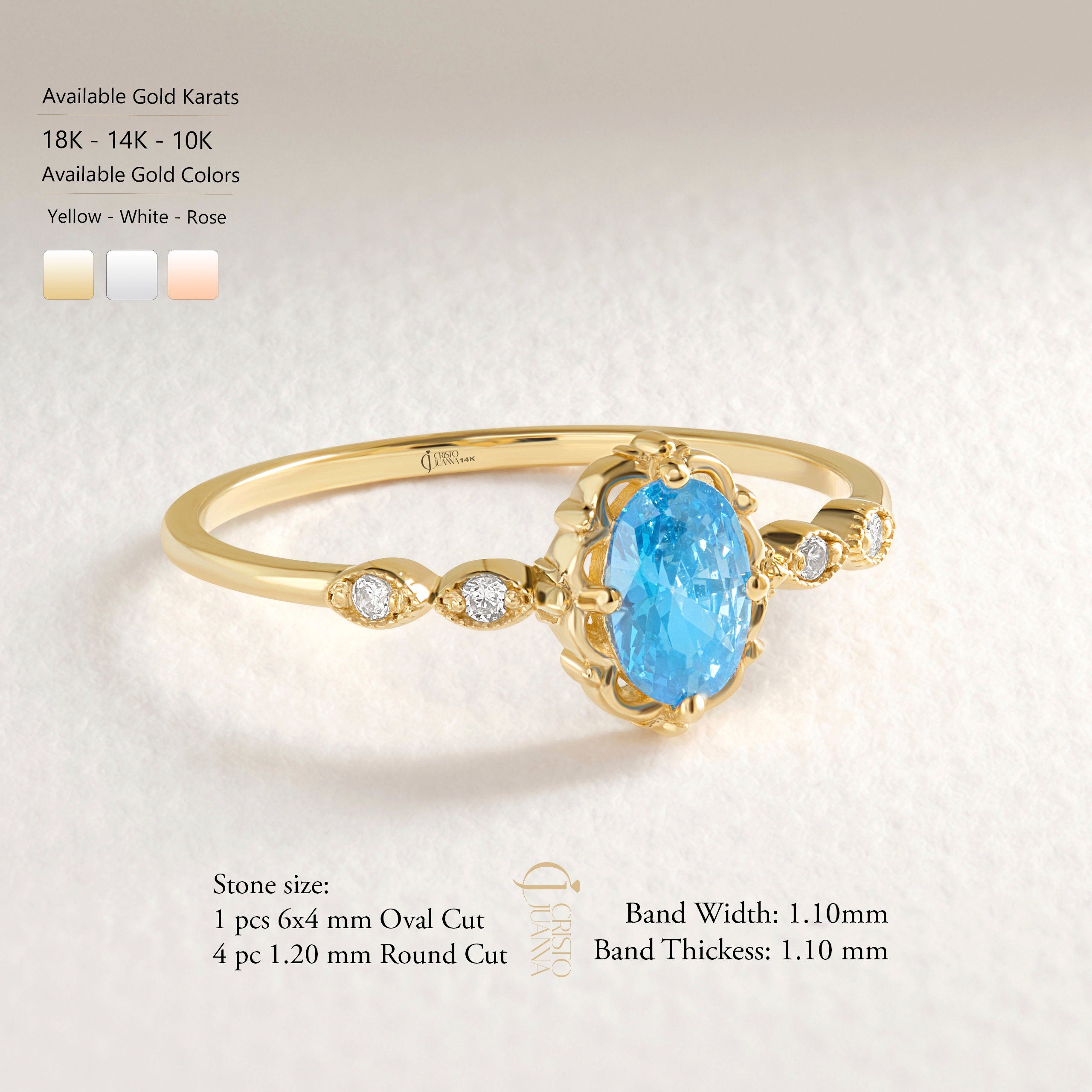 Oval Blue Topaz Engagement Ring – 14K Solid Gold Lace Band 💙✨
Delicate, radiant, and full of charm — this Oval Blue Topaz Engagement Ring brings a touch of the sky to your hand. Expertly crafted in solid 14K gold, it features a 6x4 mm oval-cut blue topaz, symbolizing peace and loyalty, surrounded by sparkling moissanites or diamonds on a graceful lace-inspired band.