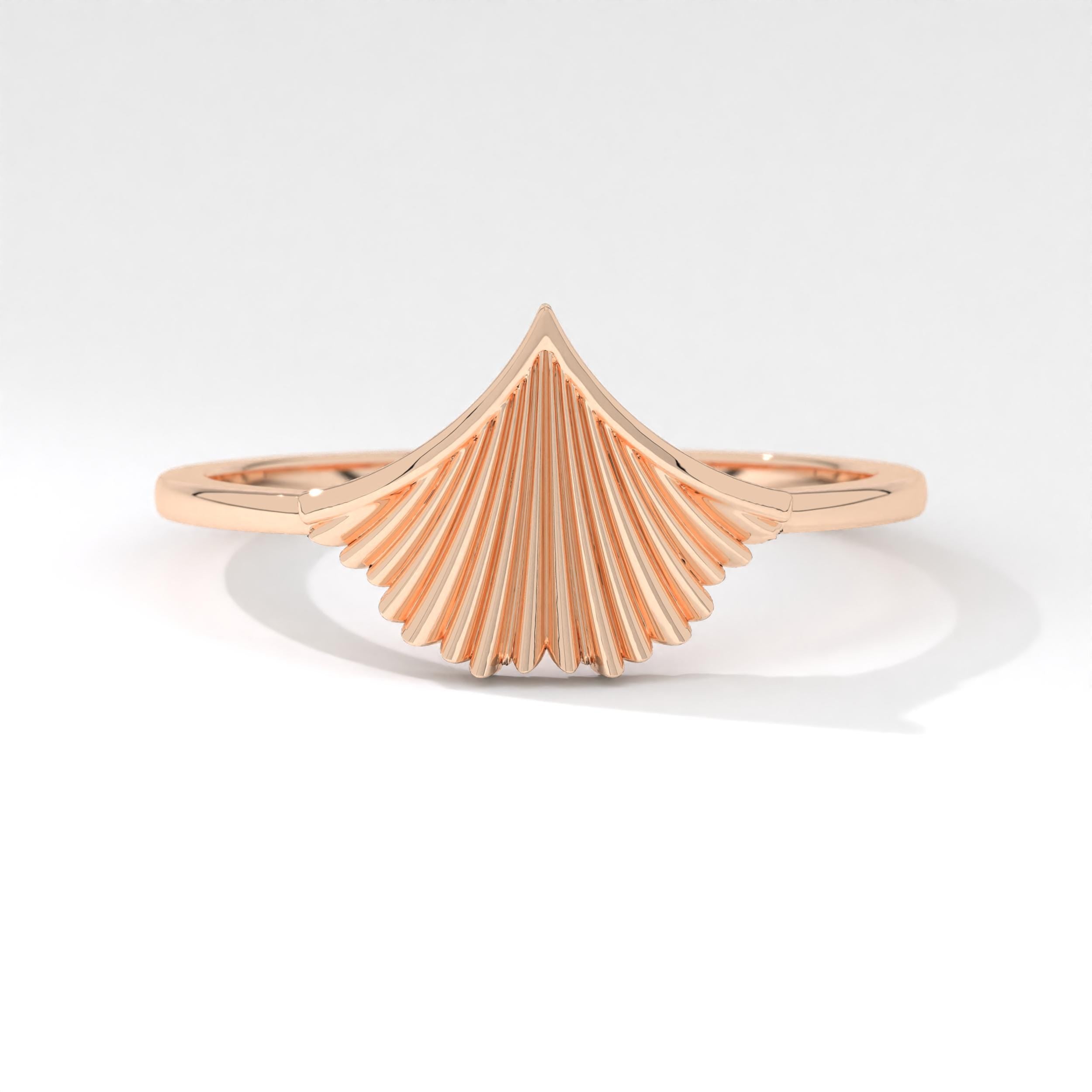14K Gold Scallop Shell Ring: Dainty Chevron Ocean Jewelry