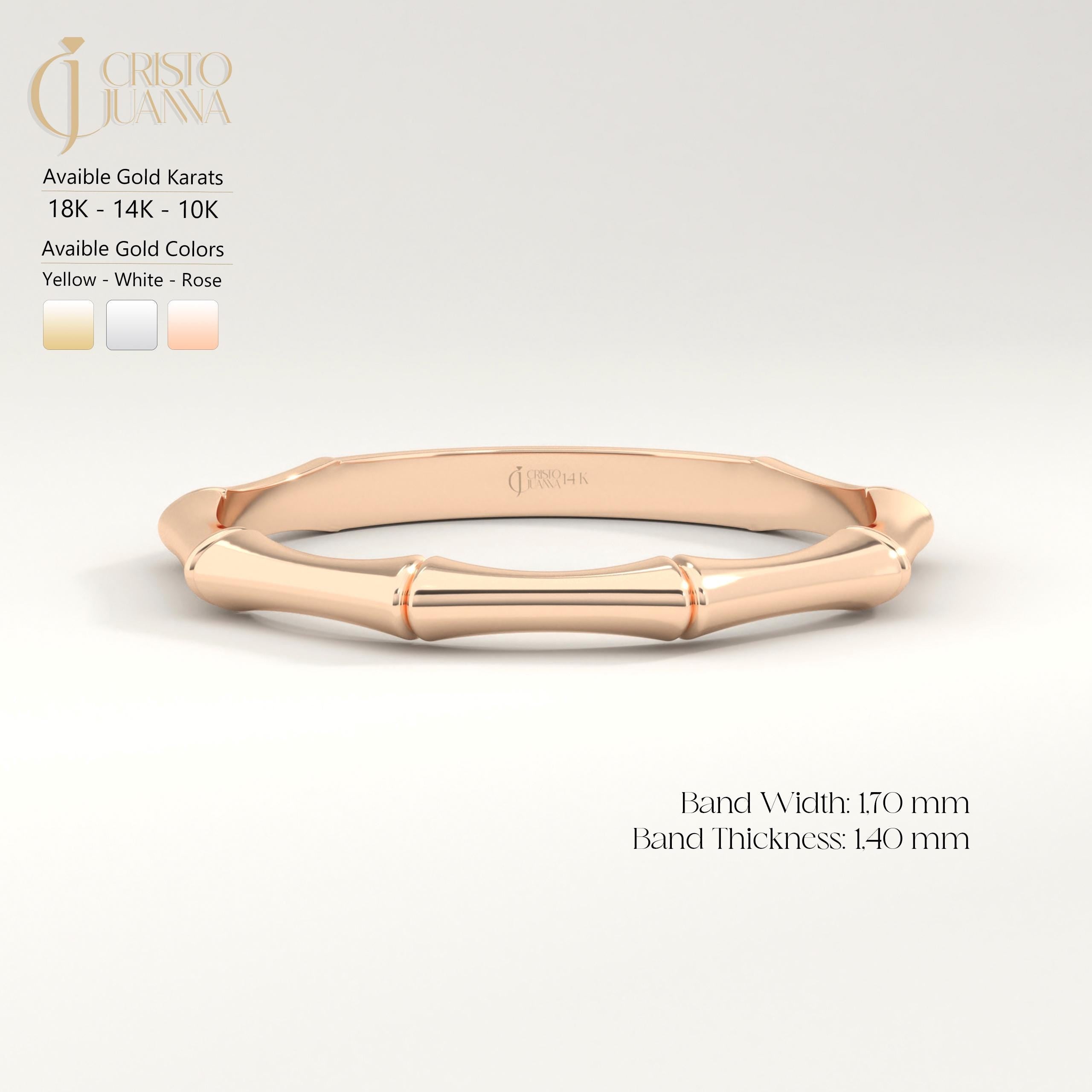 Elegant and nature-inspired bamboo ring gold 14K design, perfect for stacking or gifting. This gold stackable ring features a delicate texture, making it a stylish dainty boho ring 10K option. A true designer bamboo ring ideal as a summer jewelry gift or thoughtful ring gift for her. Choose a custom engraved ring for a unique touch. Our bamboo band ring 18K is a handcraft ring gold piece made with care. A meaningful personalized present for her as a birthday or her promise ring.