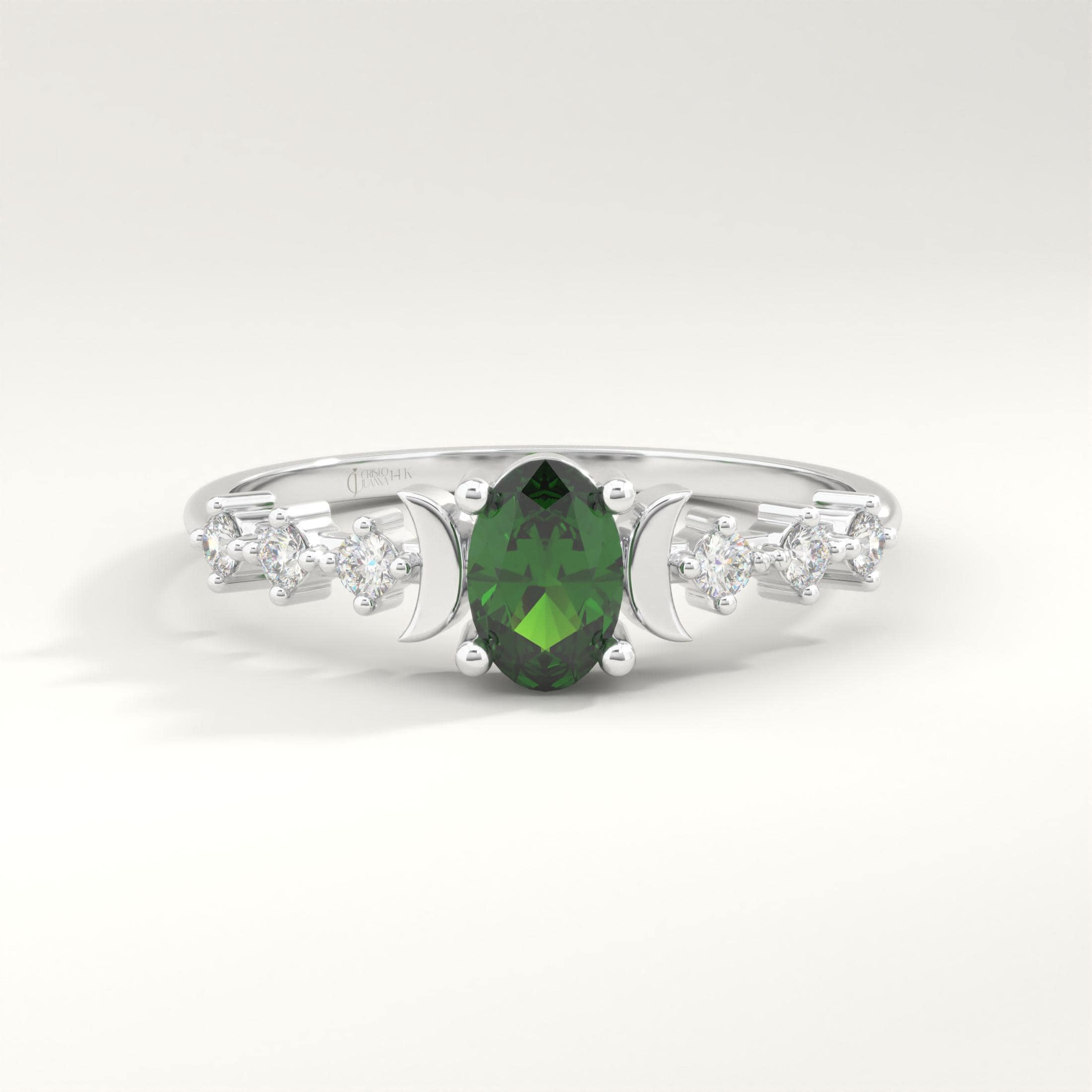 Here is emerald green ring sun and side moon diamond band. Our 18K birth stone engagement ring moon phase band with diamond will be perfect summer gift ring 18K for her, mother or wife! We can create 18K birth stone ring can be switched with her birthstone. Are you looking for emerald diamond ring and sun side moon ring, here is the 14K moon phase band and moon of my life 14K ring. Discover our nature inspired ring and solitaire ring 10K as a summer gift ring 18K.