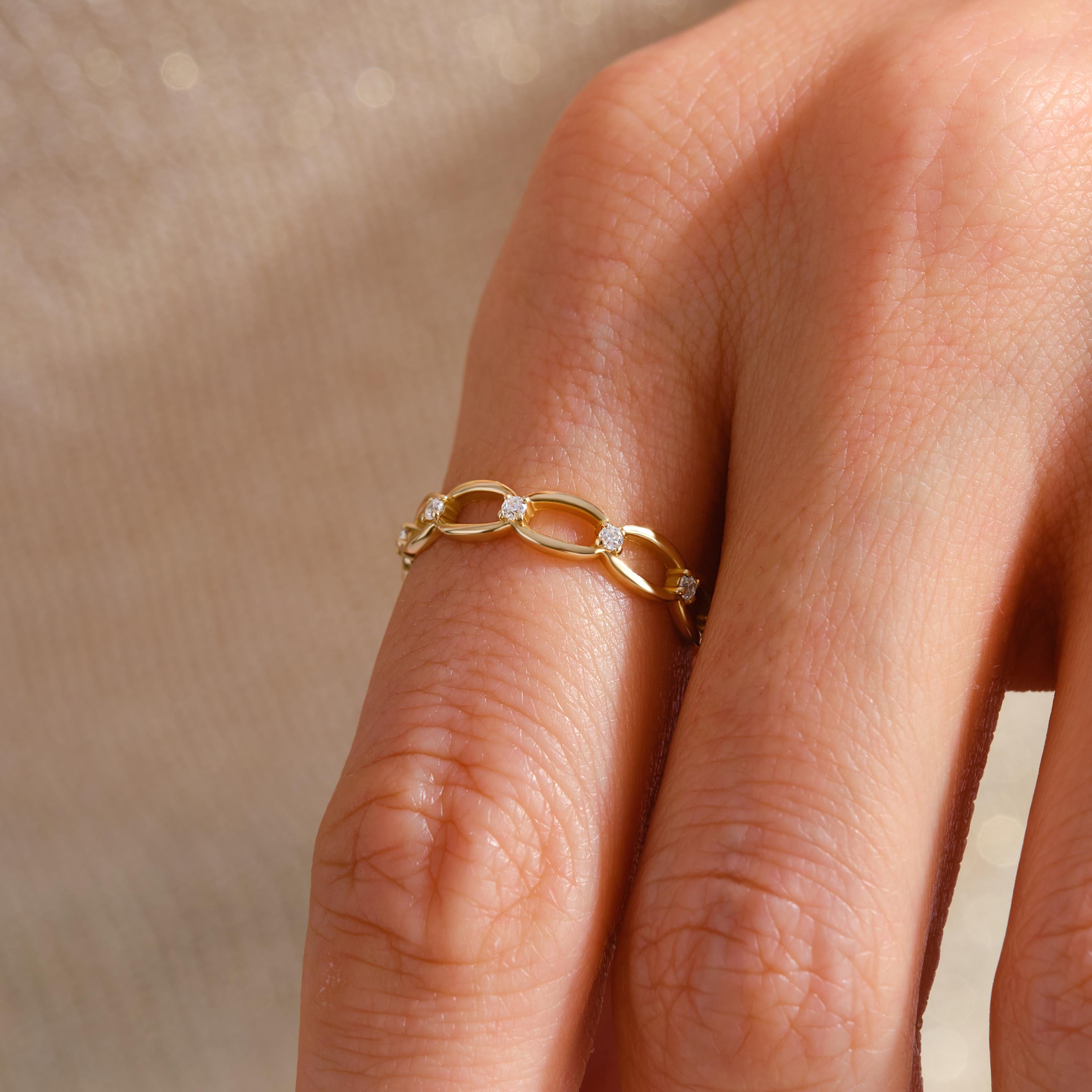 Bold yet delicate, this open chain link ring blends modern edge with timeless grace. Featuring a chain diamond band and dainty stacking ring style, it shines on any pointer finger ring or thumb pinky ring. Crafted in tiny small round 18k with moissanite multilink brilliance, it becomes a lovely chain ring for everyday elegance.