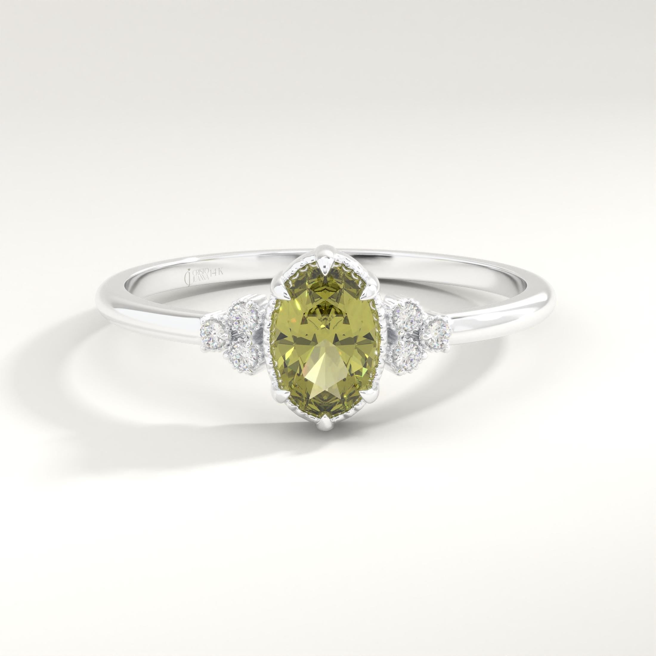 Natural Peridot Engagement Ring – 10K / 14K / 18K Solid Gold ✨💚
Celebrate love with this genuine oval-cut peridot ring, beautifully accented with sparkling side diamonds. Its fresh green glow makes it a unique engagement or wedding ring, perfect for women who adore natural beauty with a vintage touch.