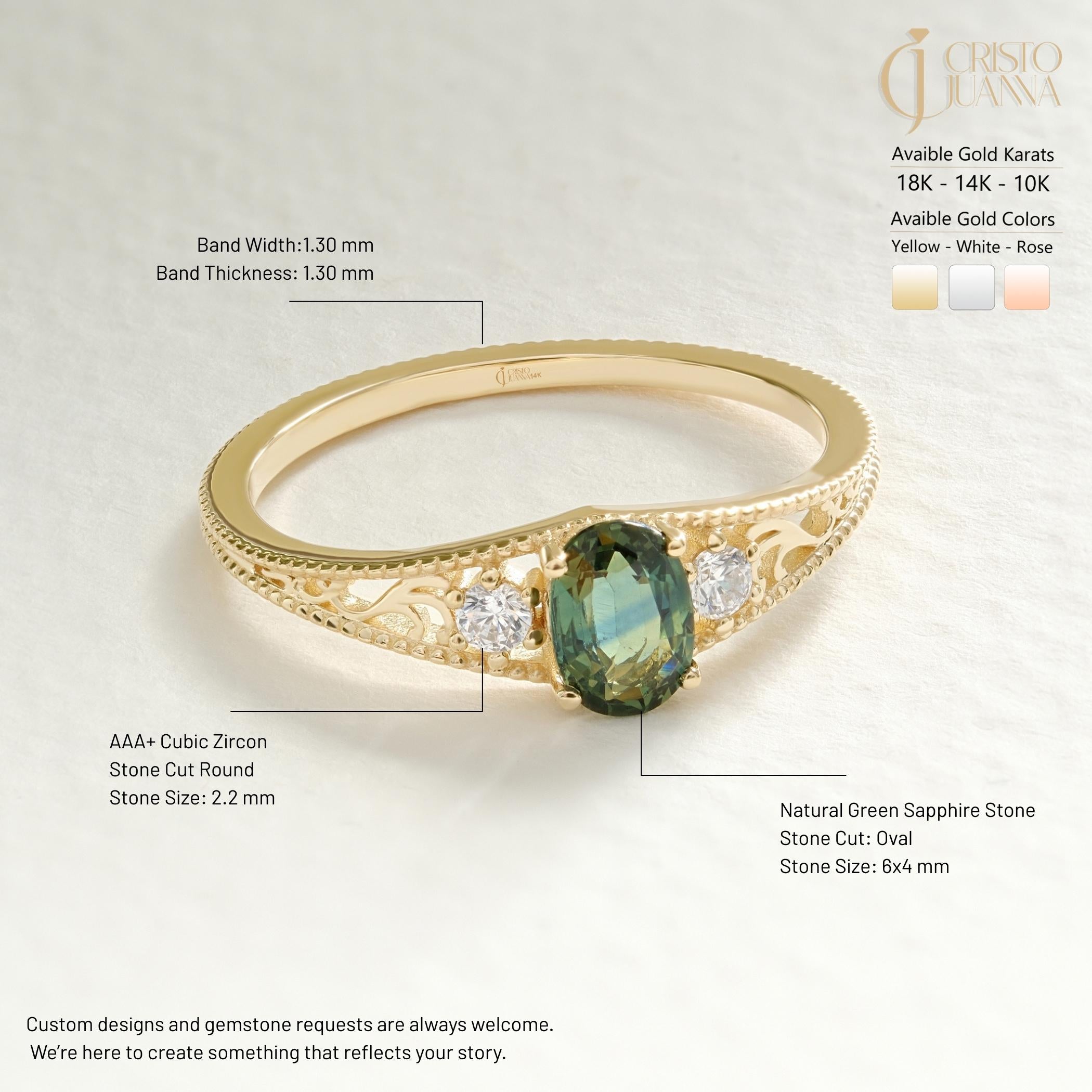 Natural Green Sapphire Ring – 10K / 14K / 18K Solid Gold 💚💎
A timeless engagement and wedding ring featuring a genuine green sapphire accented with sparkling side diamonds. Its elegant vintage style makes it a perfect choice for women who love unique and meaningful jewelry.