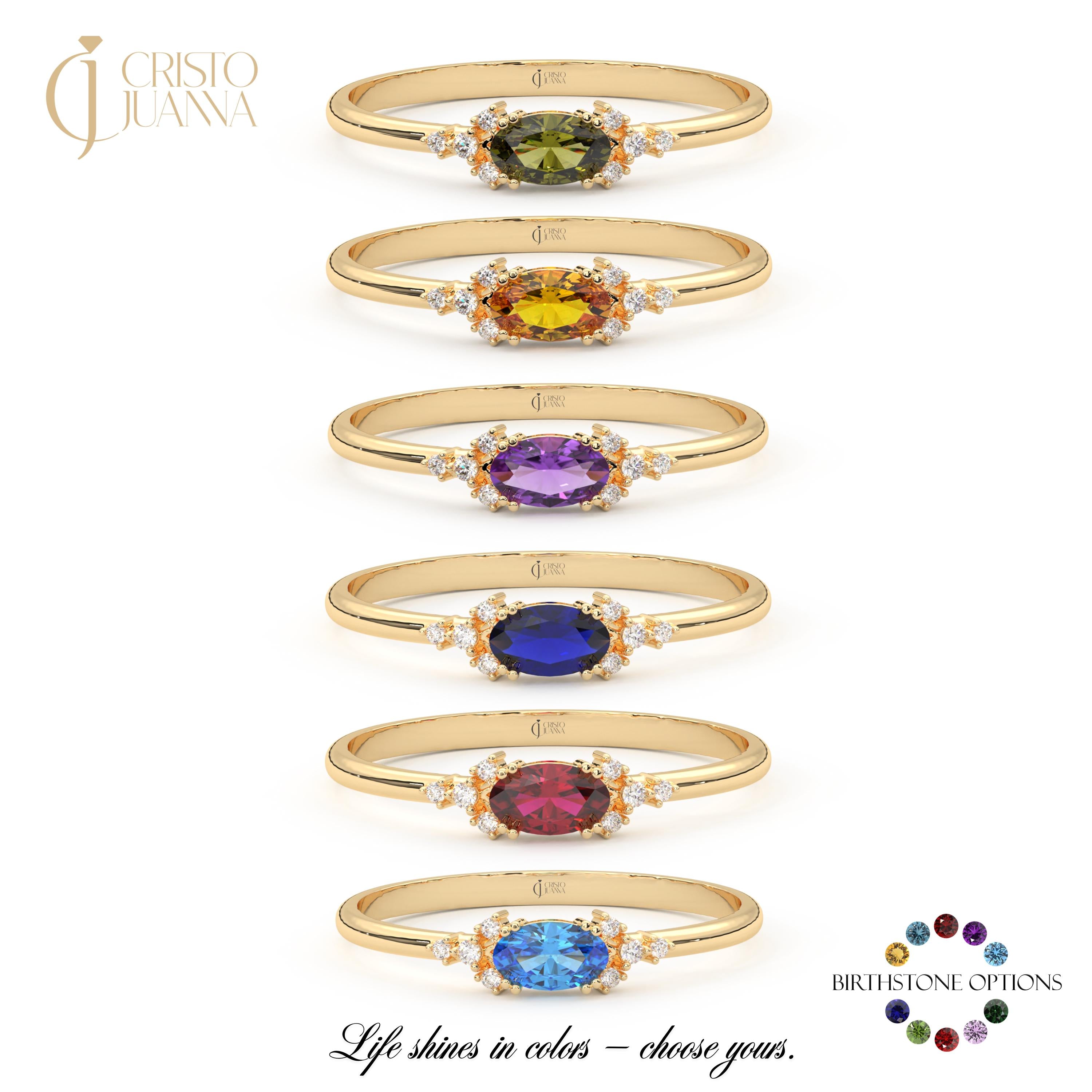 14K Solid Gold Peridot Diamond Ring, Natural Dainty Oval Birthstone Stacking Band, Genuine Green Peridot Stackable Ring for Women