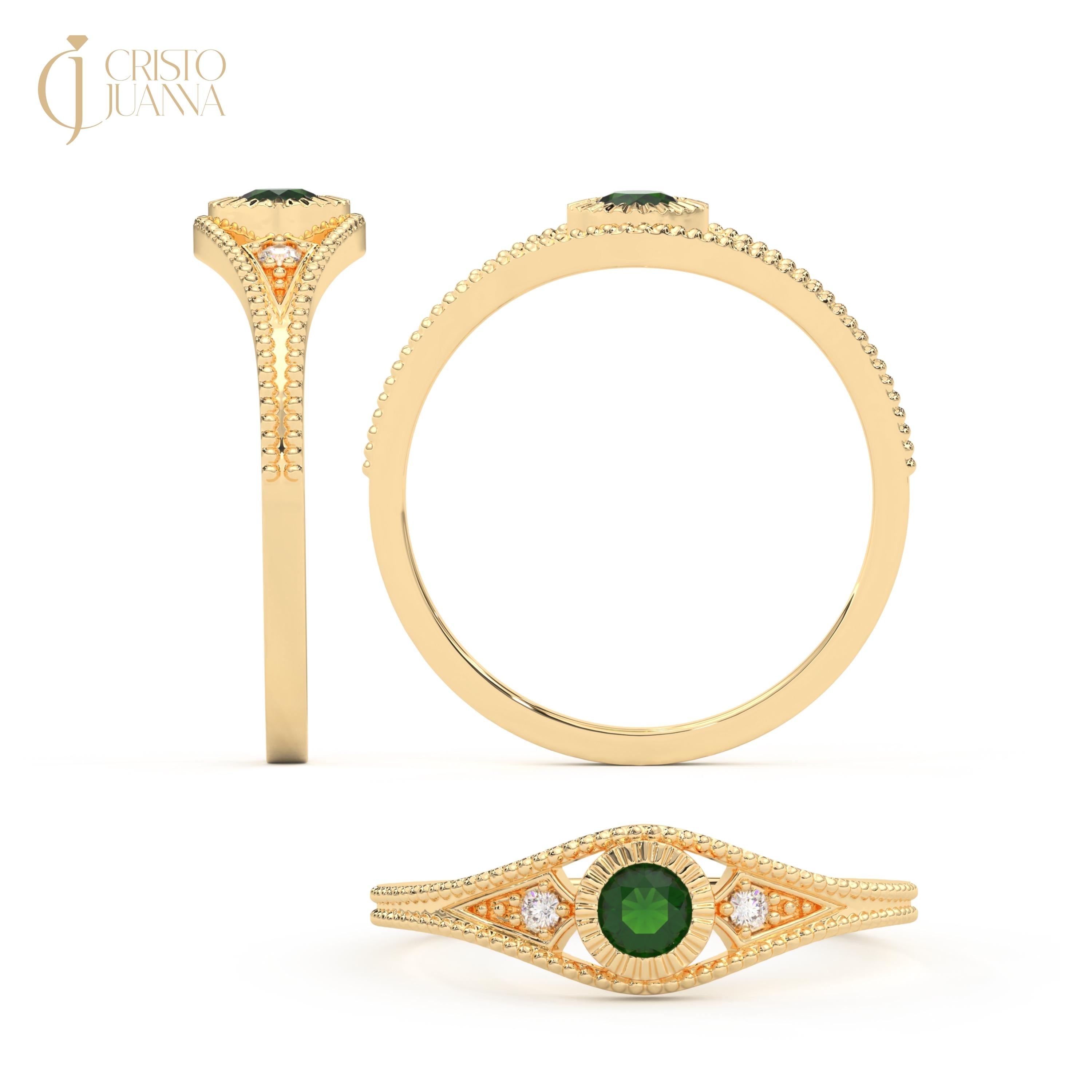 Emerald Art Deco Ring 14K Gold Braided Band, Round Birthstone with Tiny Diamond Ring for Women, Vintage Style Green Promise Ring