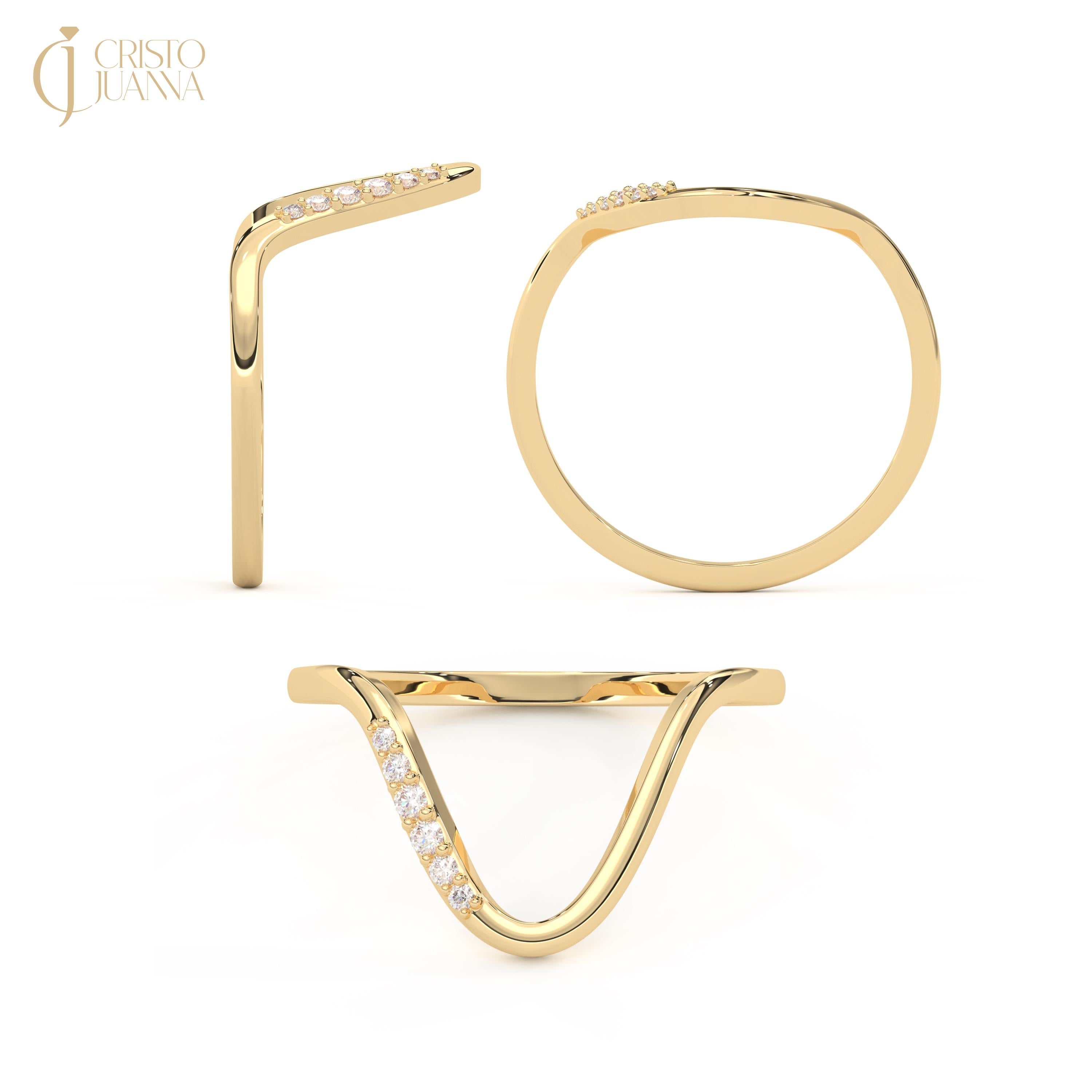 Deep V Moissanite Vanki Ring, 14K Solid Gold Wave Chevron Band Side Diamond Ring, V Shape Curved Wishbone Ring for Women