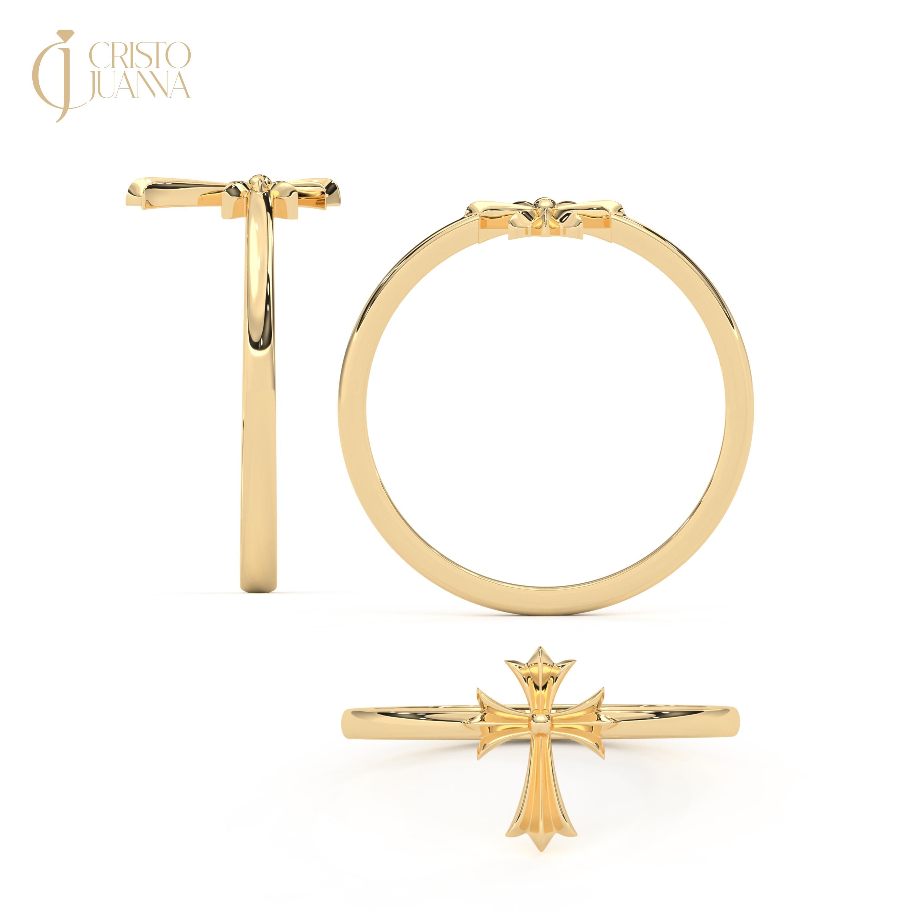 14k Solid Gold Rosary Cross Ring, Dainty Christian Faith Band Religious Ring for Women, Baptism Ring Gift