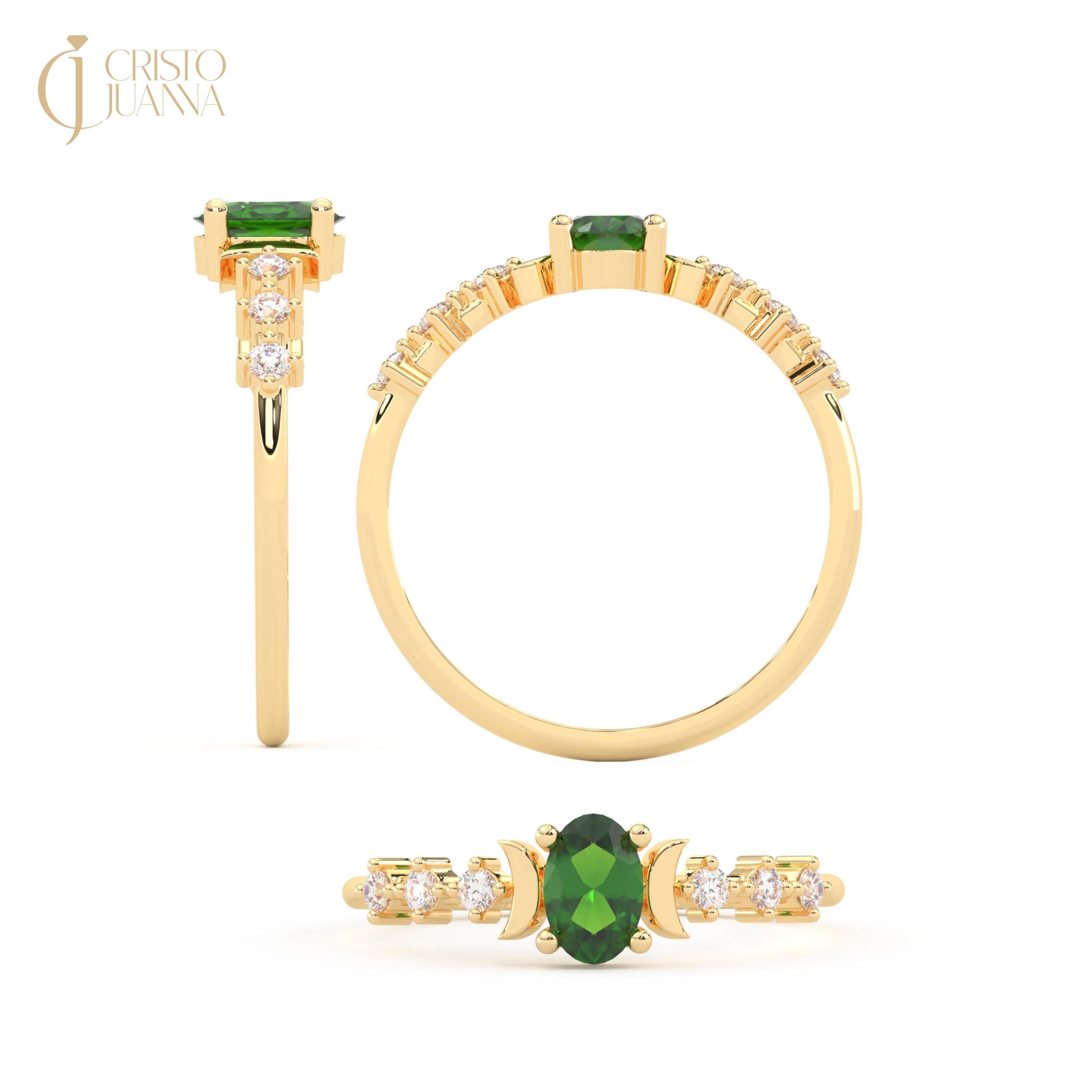 Emerald Green Ring Sun and Side Moon Diamond Band 14K Solid Gold Birthstone Engagement Ring Moon Phase Band Moissanite