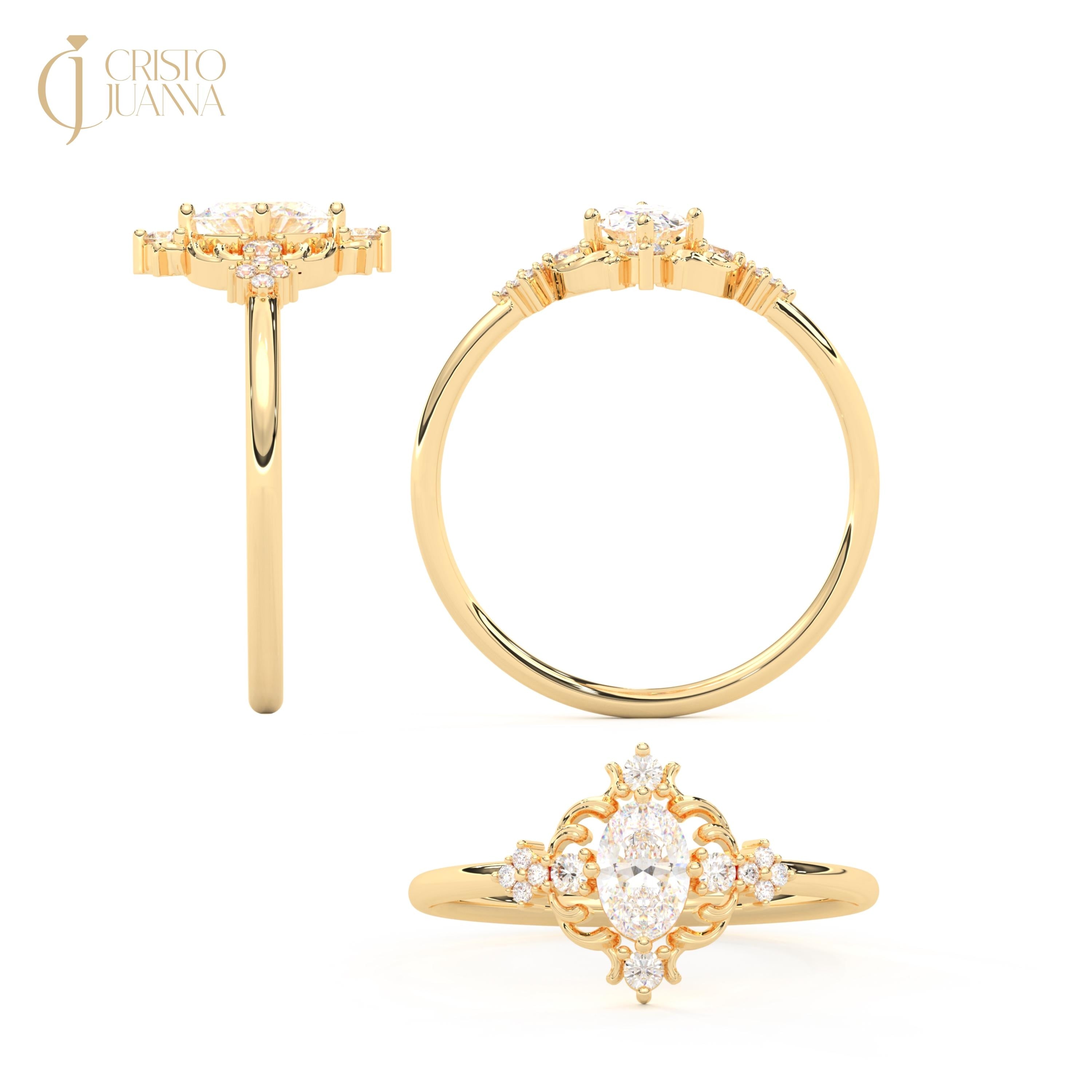 Oval Diamond Engagement Ring 14K Gold Side Diamonds, Vintage Style Moissanite Ring Solitaire Art Deco Promise Ring