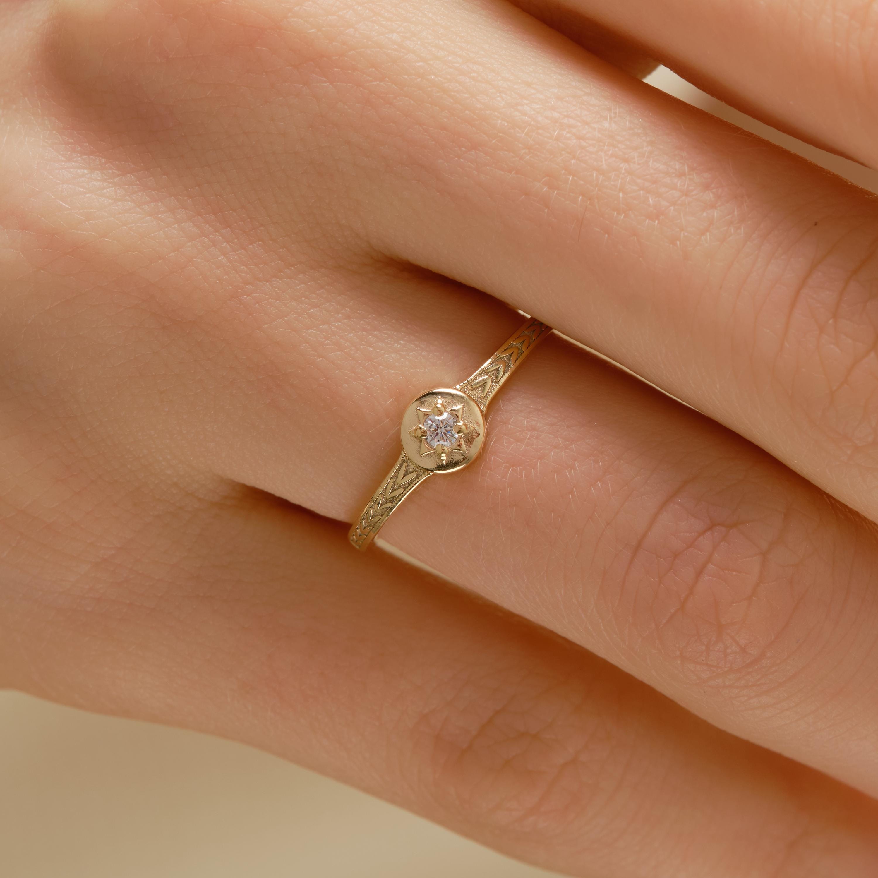 Round Diamond Ring 14K Solid Gold Braided Texture Band, Solo Moissanite with Floral Textured Bands