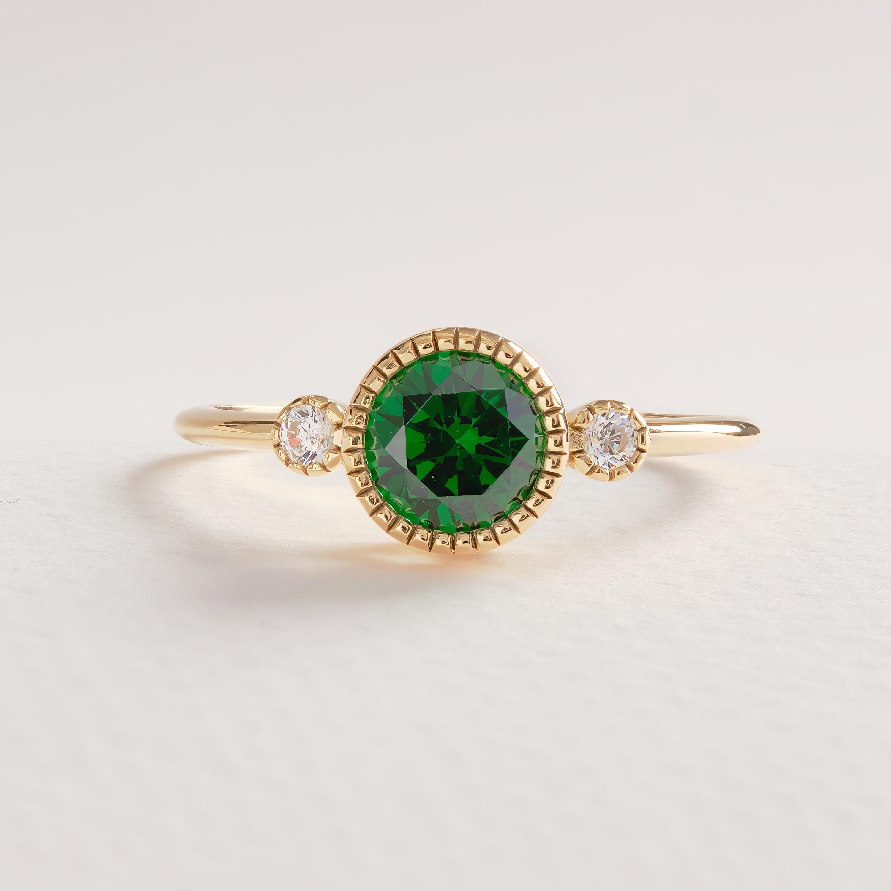 14K Solid Gold Emerald Ring with Side Diamond, Dainty Birthstone Ring and Tiny Moissanite, Green Gemstone Vintage Inspire Rings for Women