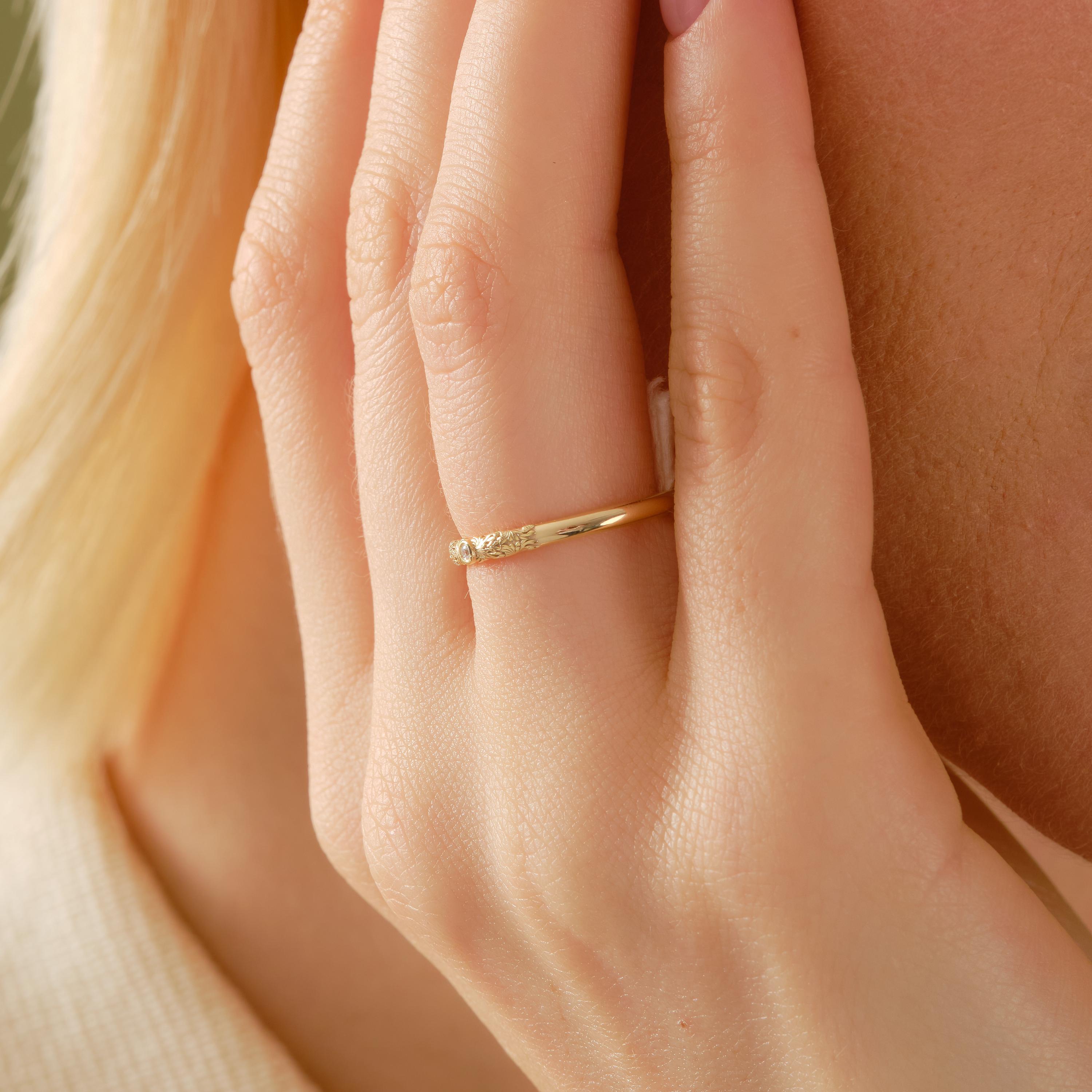 Dainty Diamond Ring 14K Solid Gold Floral Texture Band: Tiny Moissanite Flower Engrave Band