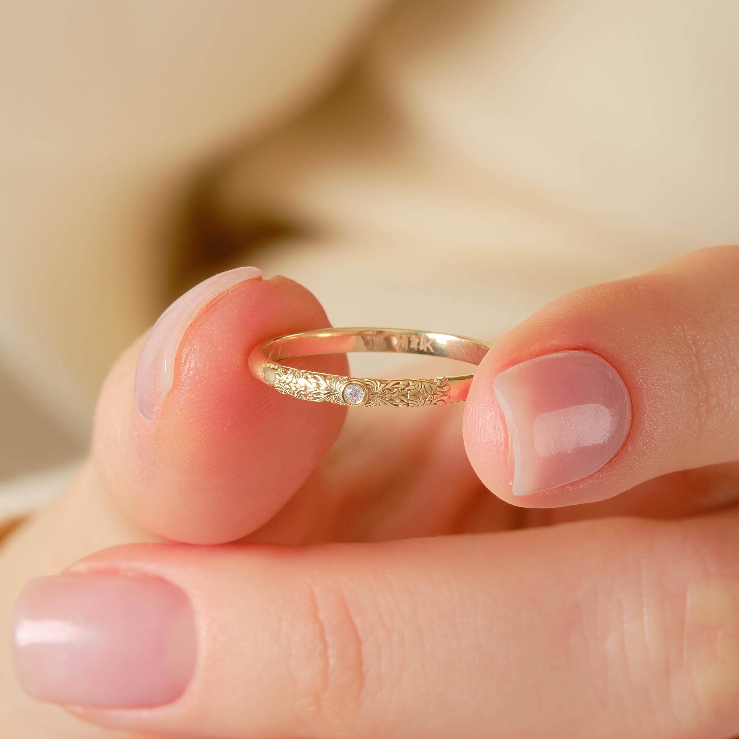 Dainty Diamond Ring 14K Solid Gold Floral Texture Band: Tiny Moissanite Flower Engrave Band