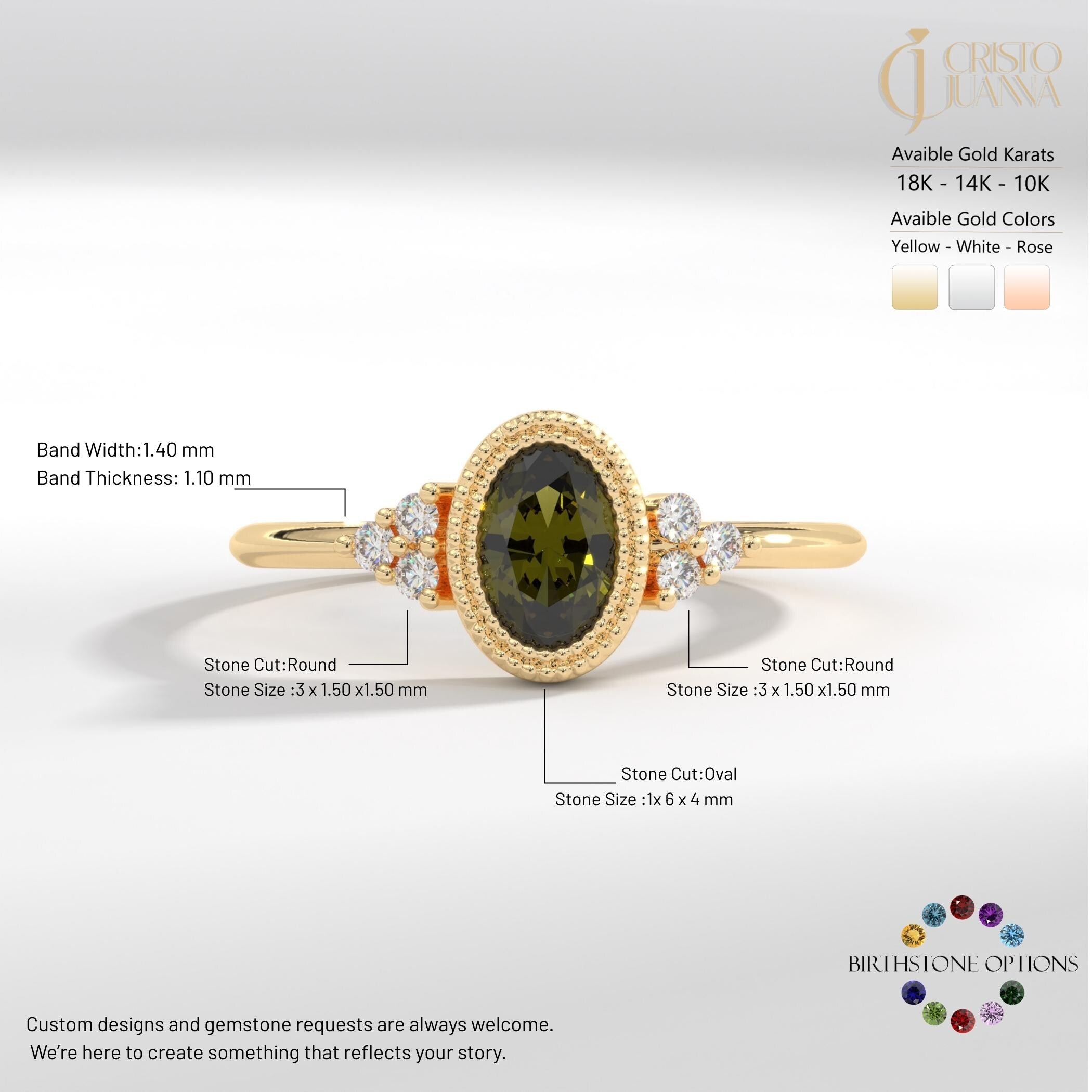 14K Solid Gold Peridot Ring, Oval Birthstone Ring with Side Diamond Band, Peridot Green Gemstone Rings for Women