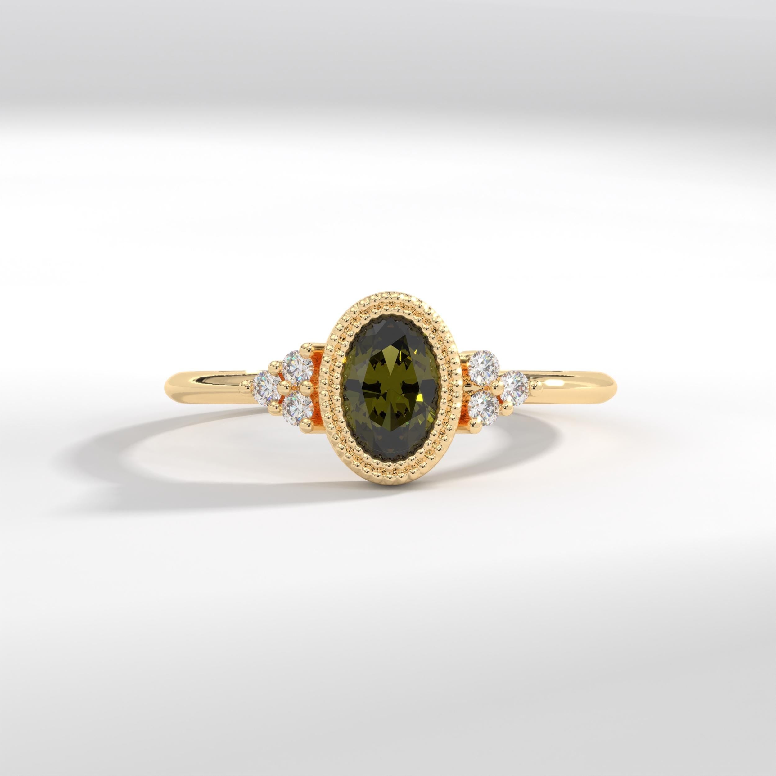 14K Solid Gold Peridot Ring, Oval Birthstone Ring with Side Diamond Band, Peridot Green Gemstone Rings for Women