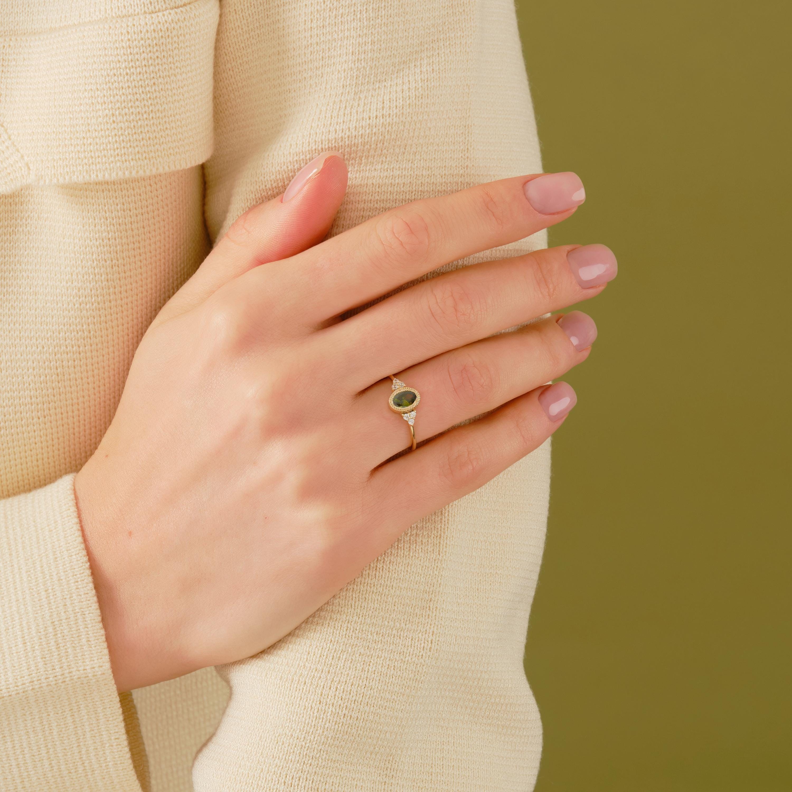 14K Solid Gold Peridot Ring, Oval Birthstone Ring with Side Diamond Band, Peridot Green Gemstone Rings for Women
