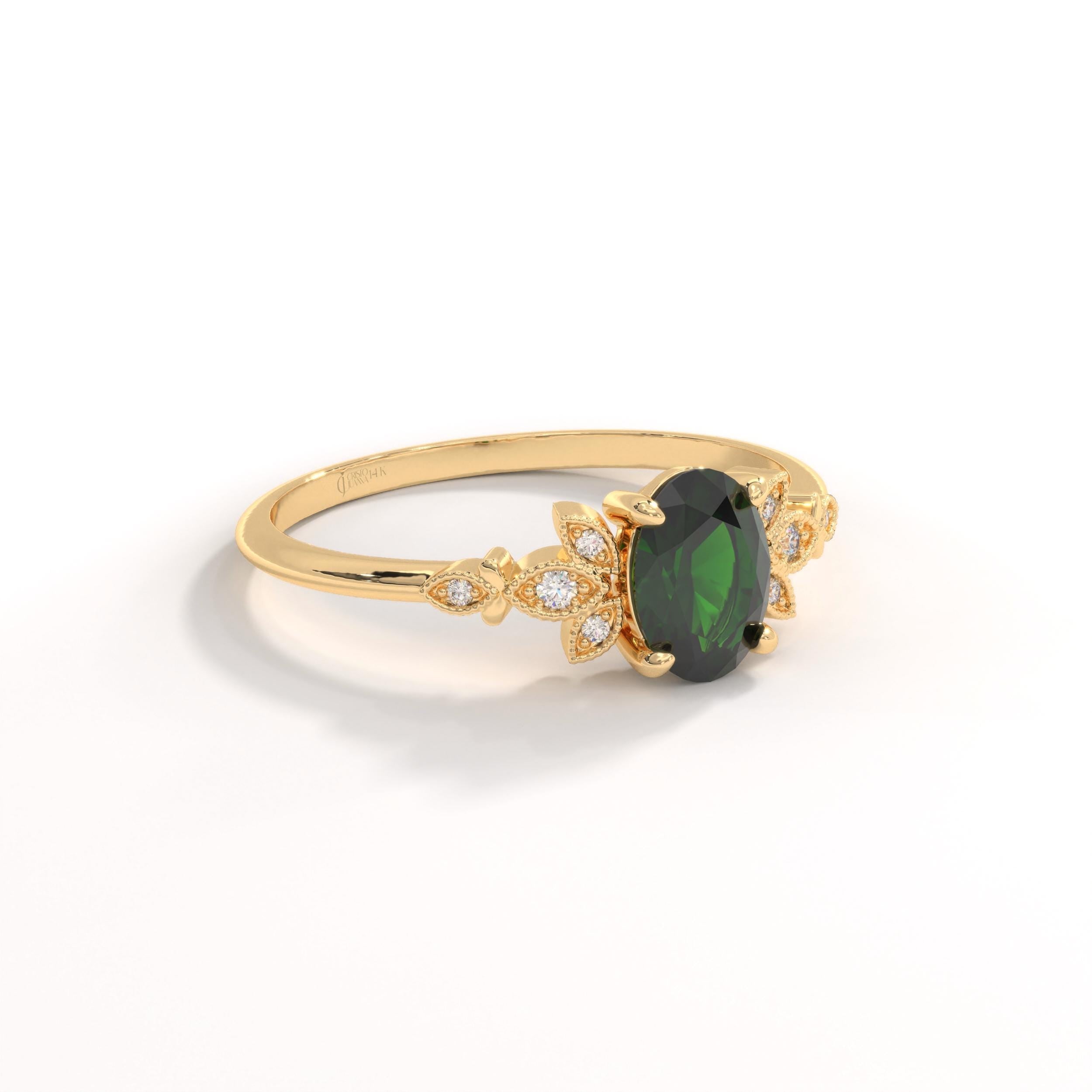 14K Solid Gold Peridot Ring, Oval Birthstone Ring with Side Diamond Band, Peridot Green Gemstone Rings for Women