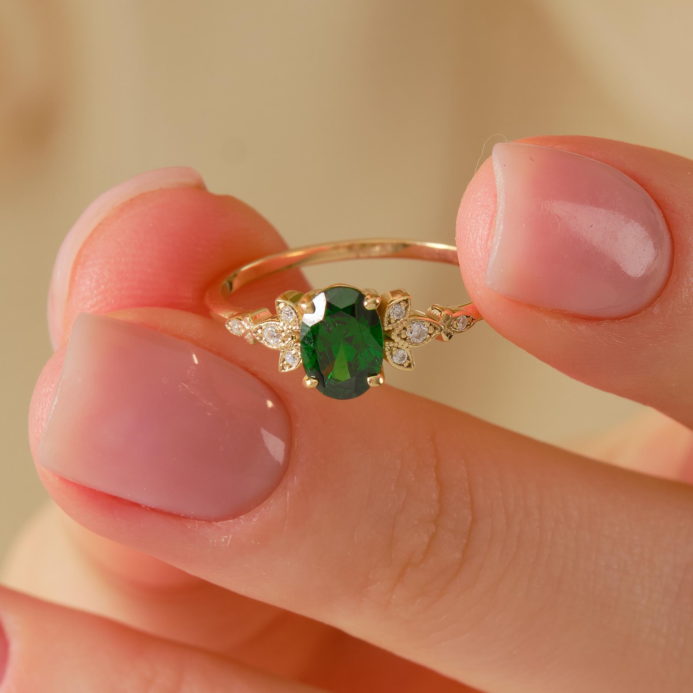 14K Solid Gold Peridot Ring, Oval Birthstone Ring with Side Diamond Band, Peridot Green Gemstone Rings for Women