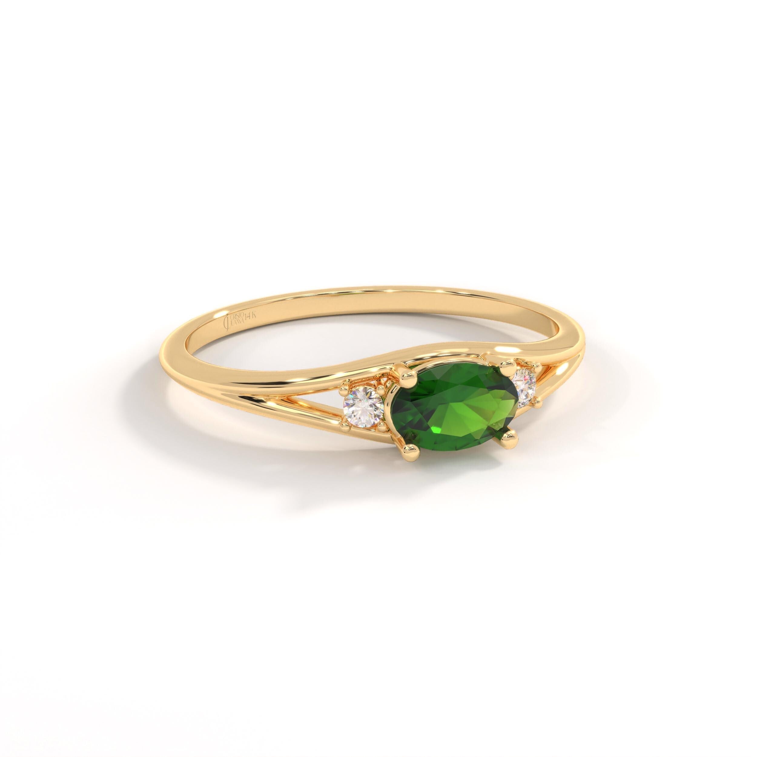 14K Solid Gold Peridot Ring, Oval Birthstone Ring with Side Diamond Band, Peridot Green Gemstone Rings for Women