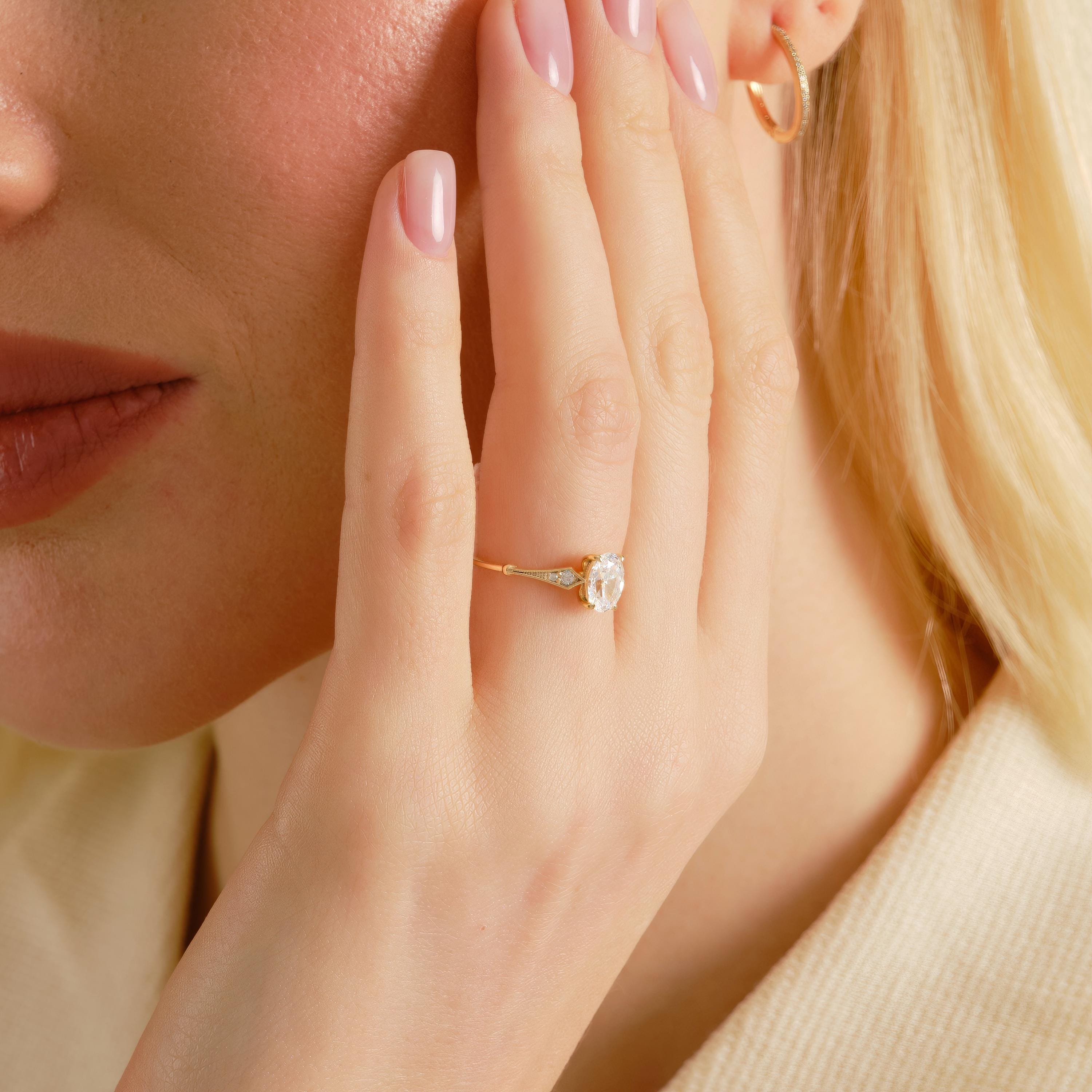 14K Solid Gold Peridot Ring, Oval Birthstone Ring with Side Diamond Band, Peridot Green Gemstone Rings for Women