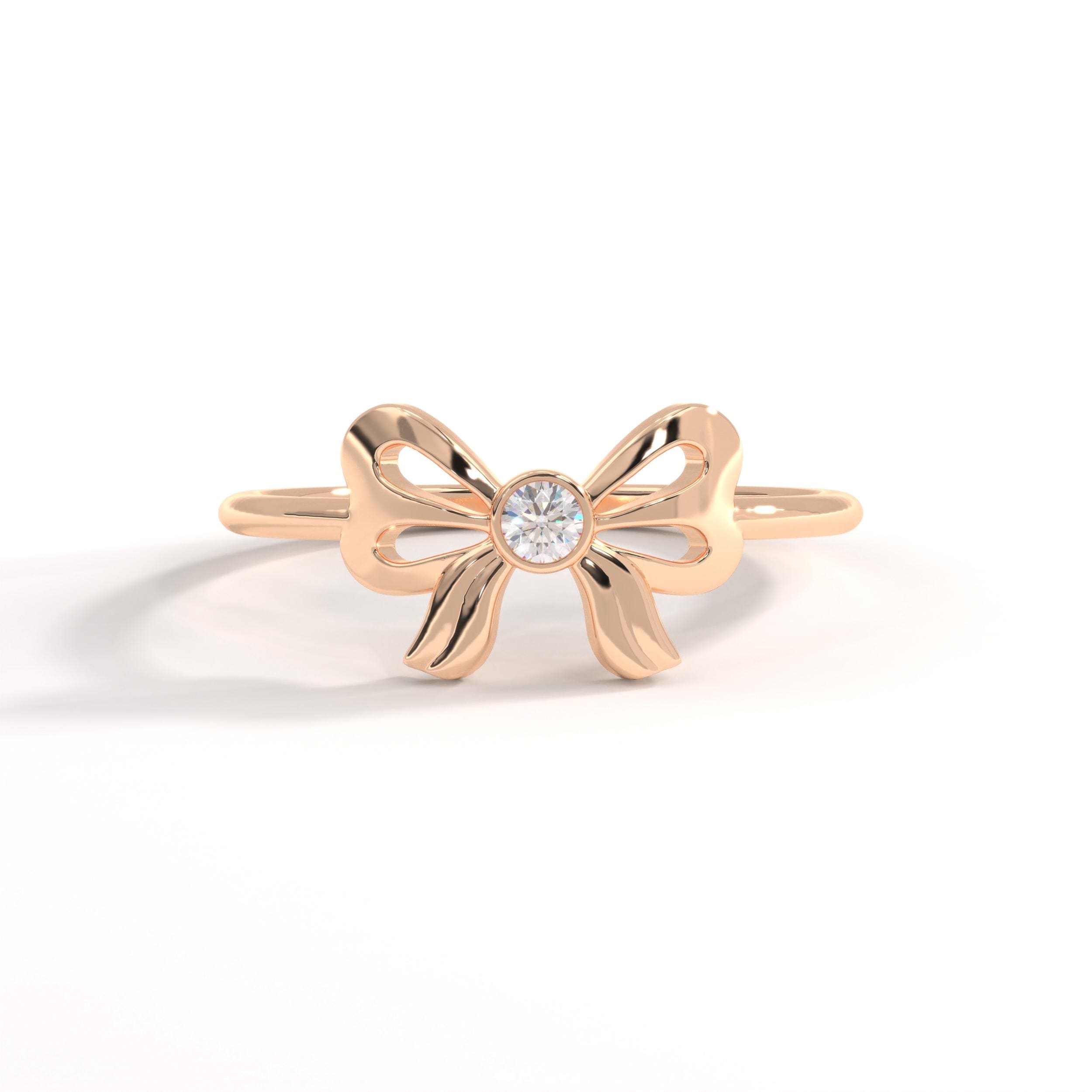 Bow Tie Diamond Ring 14K Solid Gold: Little Bowknot Ring, Bezel Bowtie Moissanite Knot Ring for Women