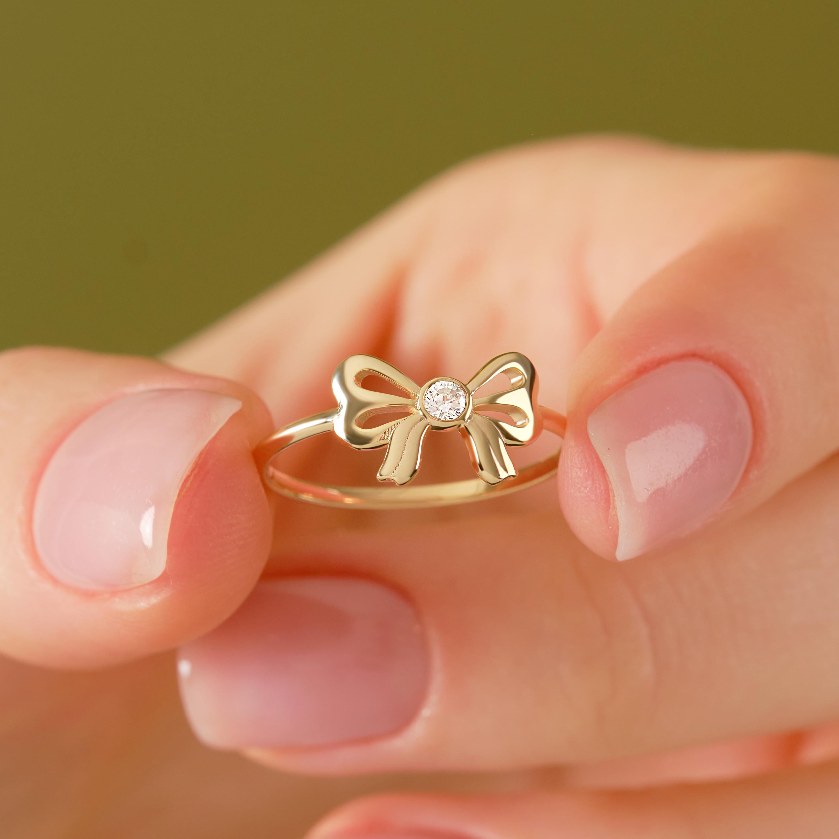 Bow Tie Diamond Ring 14K Solid Gold: Little Bowknot Ring, Bezel Bowtie Moissanite Knot Ring for Women