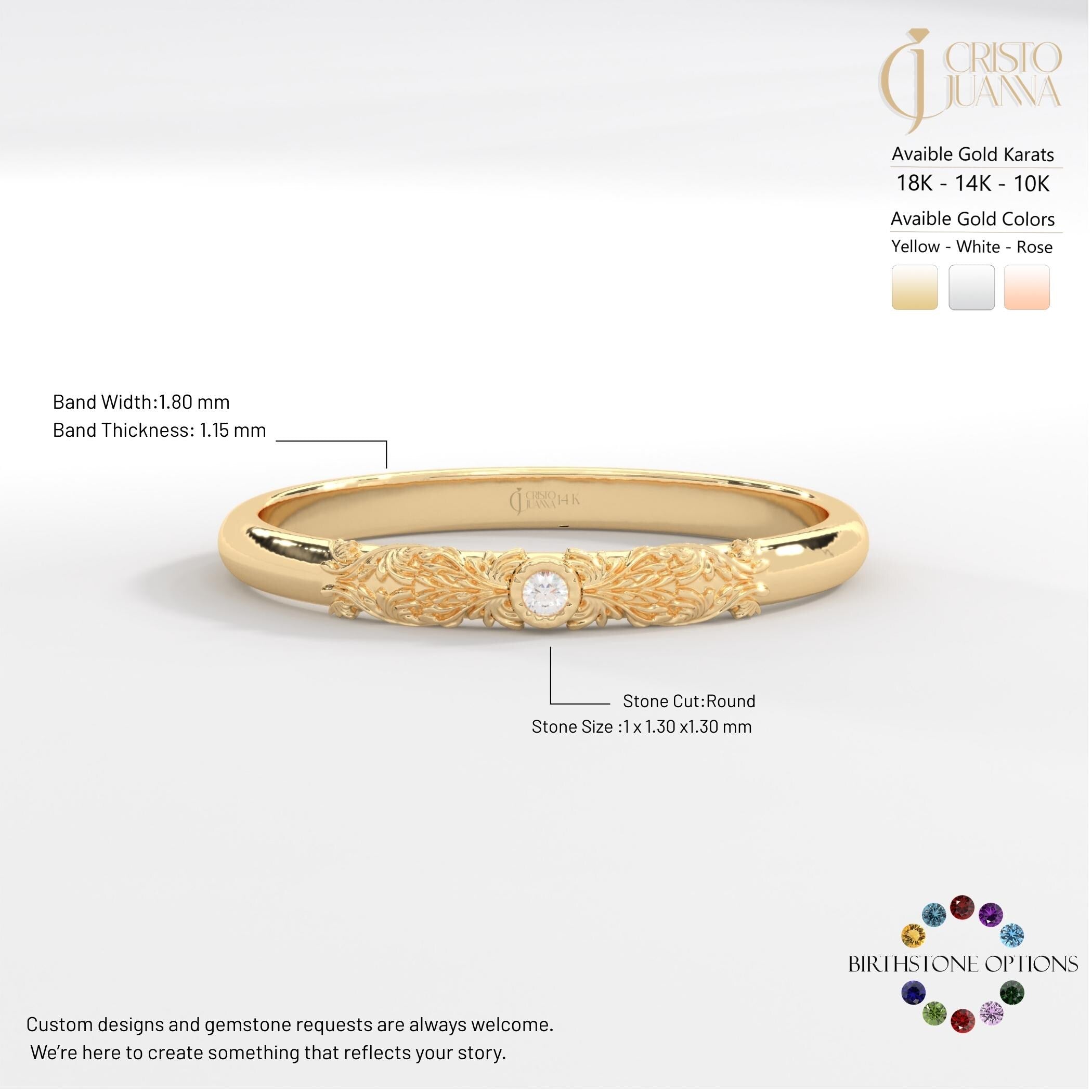 Dainty Diamond Ring 14K Solid Gold Floral Texture Band: Tiny Moissanite Flower Engrave Band