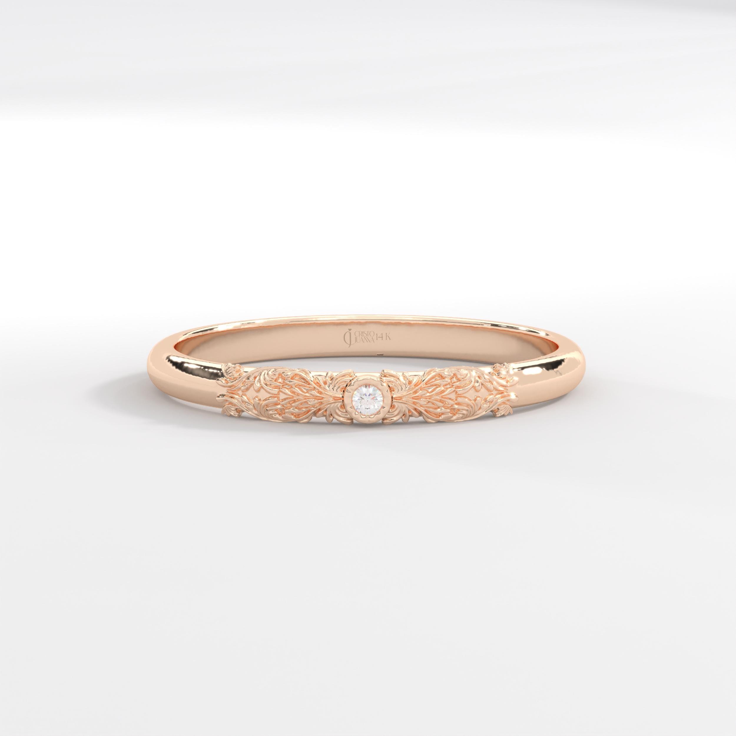 Dainty Diamond Ring 14K Solid Gold Floral Texture Band: Tiny Moissanite Flower Engrave Band