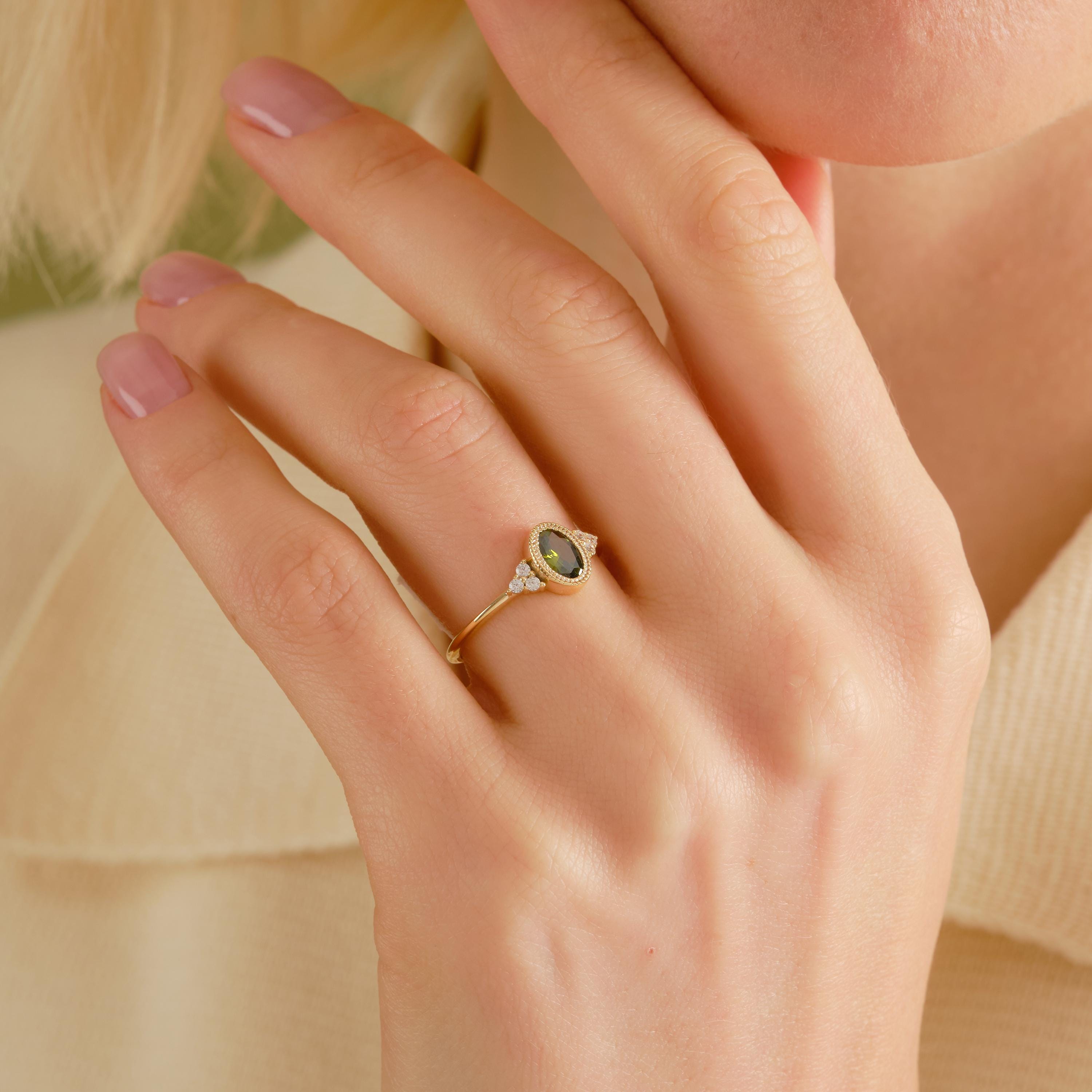 14K Solid Gold Peridot Ring, Oval Birthstone Ring with Side Diamond Band, Peridot Green Gemstone Rings for Women