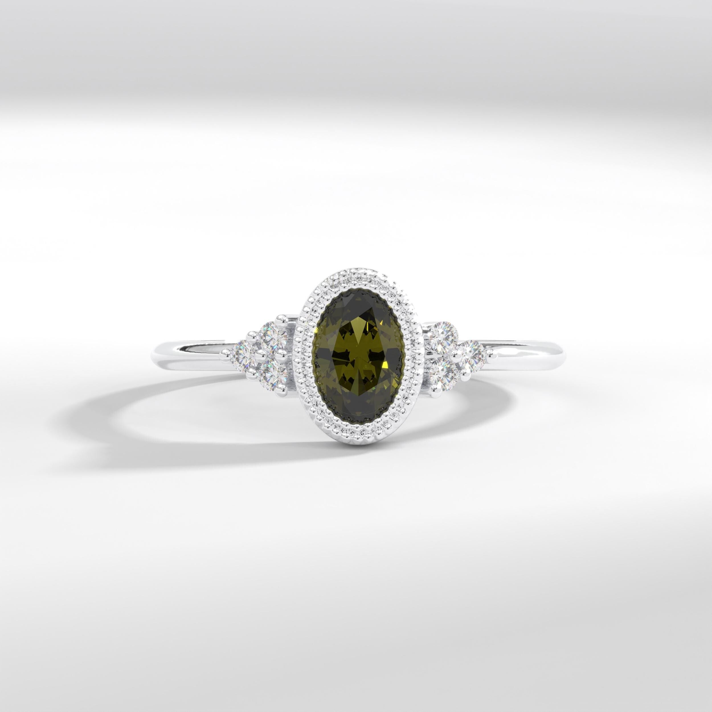 14K Solid Gold Peridot Ring, Oval Birthstone Ring with Side Diamond Band, Peridot Green Gemstone Rings for Women