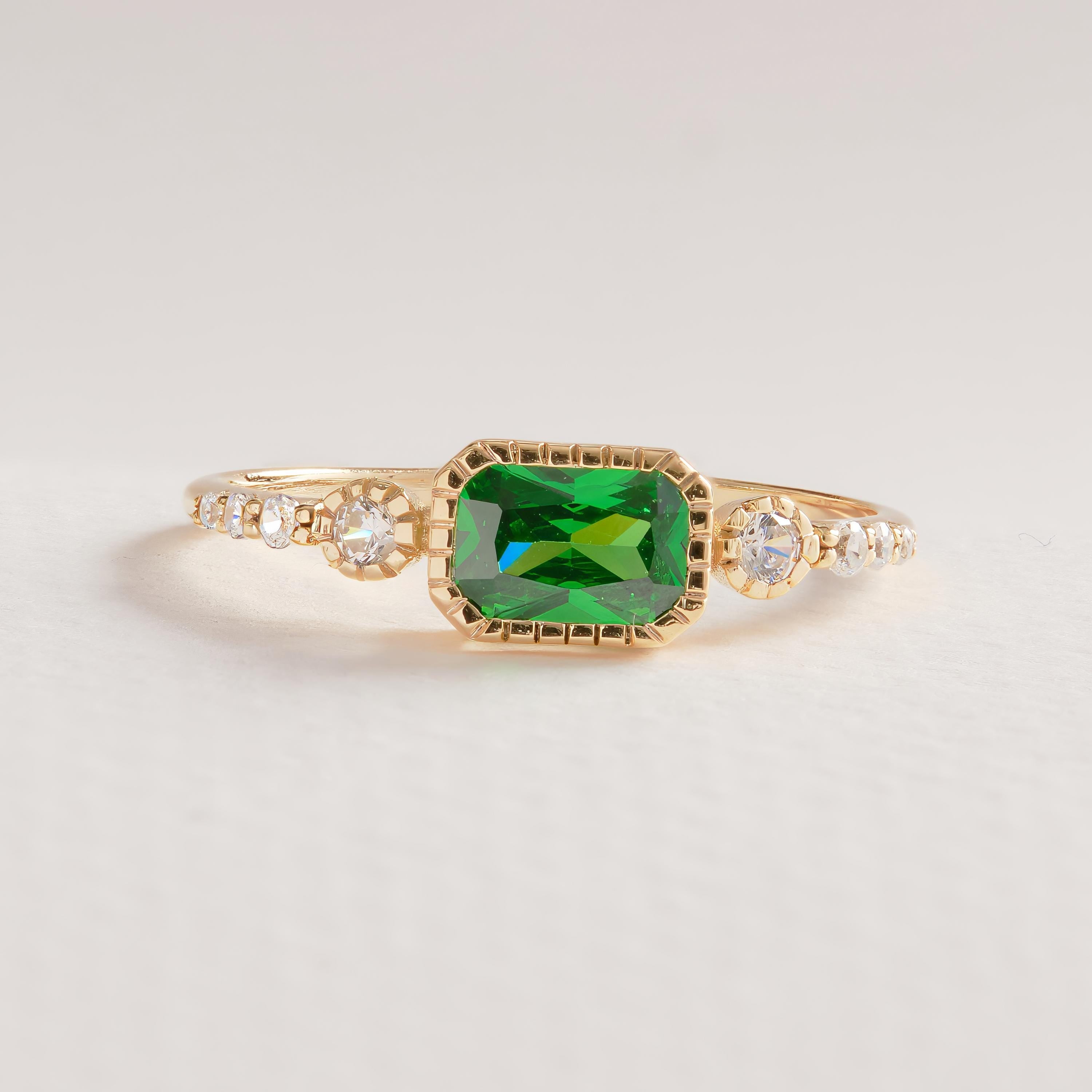 Vintage Inspire Emerald Ring, Oval Birthstone Ring with 14K Solid Gold Side Diamond Band, Art Deco Bezel Green Gemstone Rings for Women