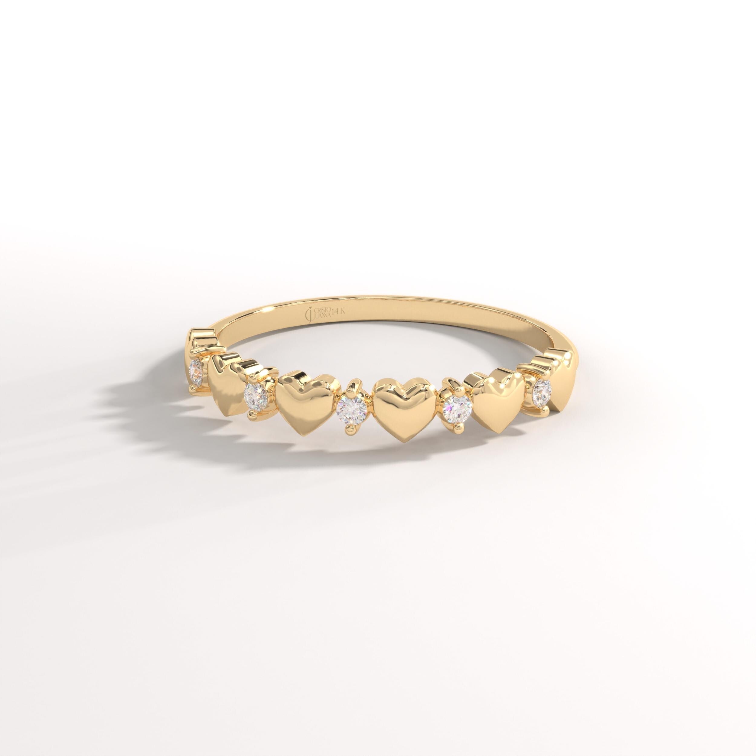 Floral Diamond Ring 14K Solid Gold Chevron Band, Flower Wedding Band with Tiny Moissanite Ivy Band