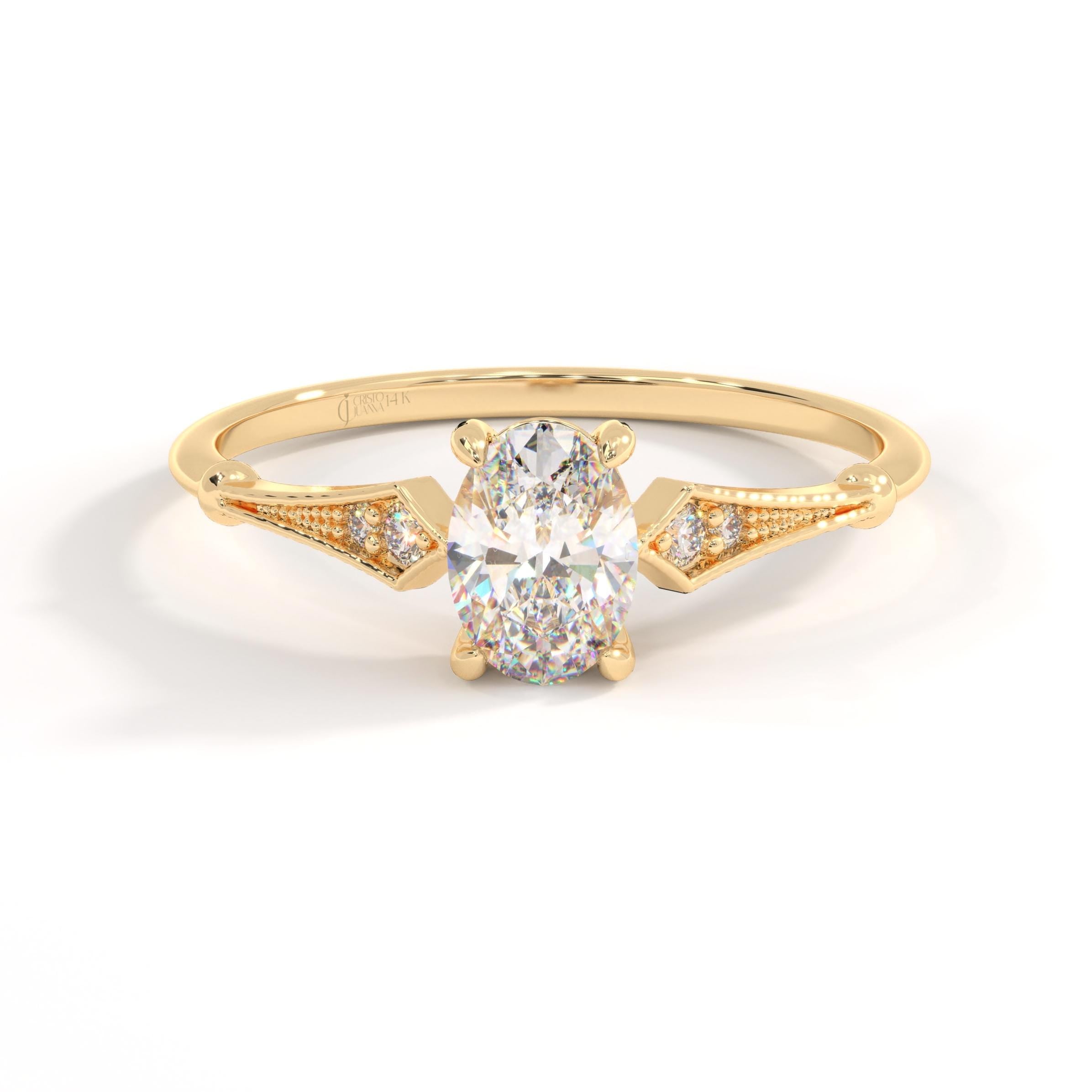 14K Solid Gold Peridot Ring, Oval Birthstone Ring with Side Diamond Band, Peridot Green Gemstone Rings for Women