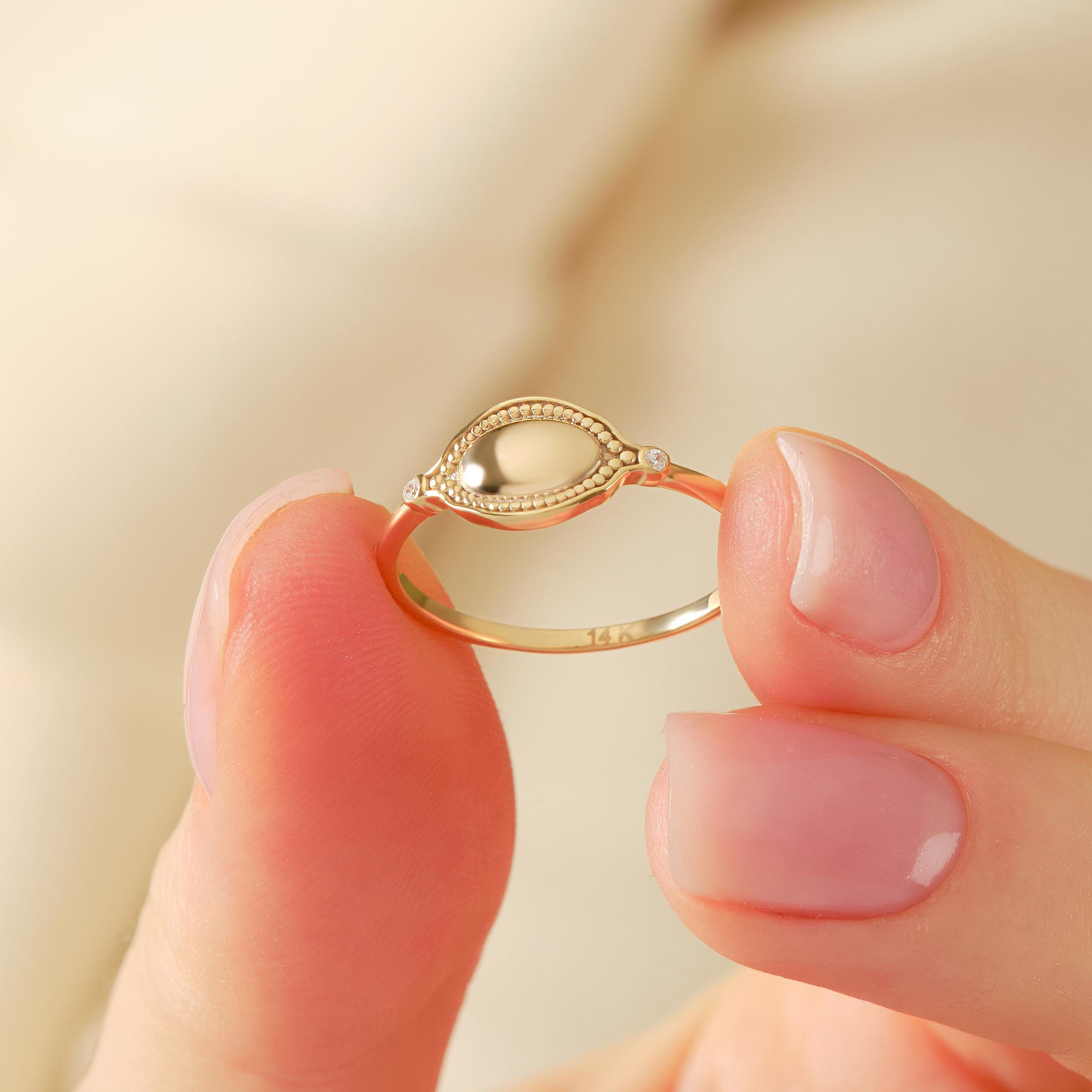 Dainty Diamond Ring 14K Solid Gold Floral Texture Band: Tiny Moissanite Flower Engrave Band