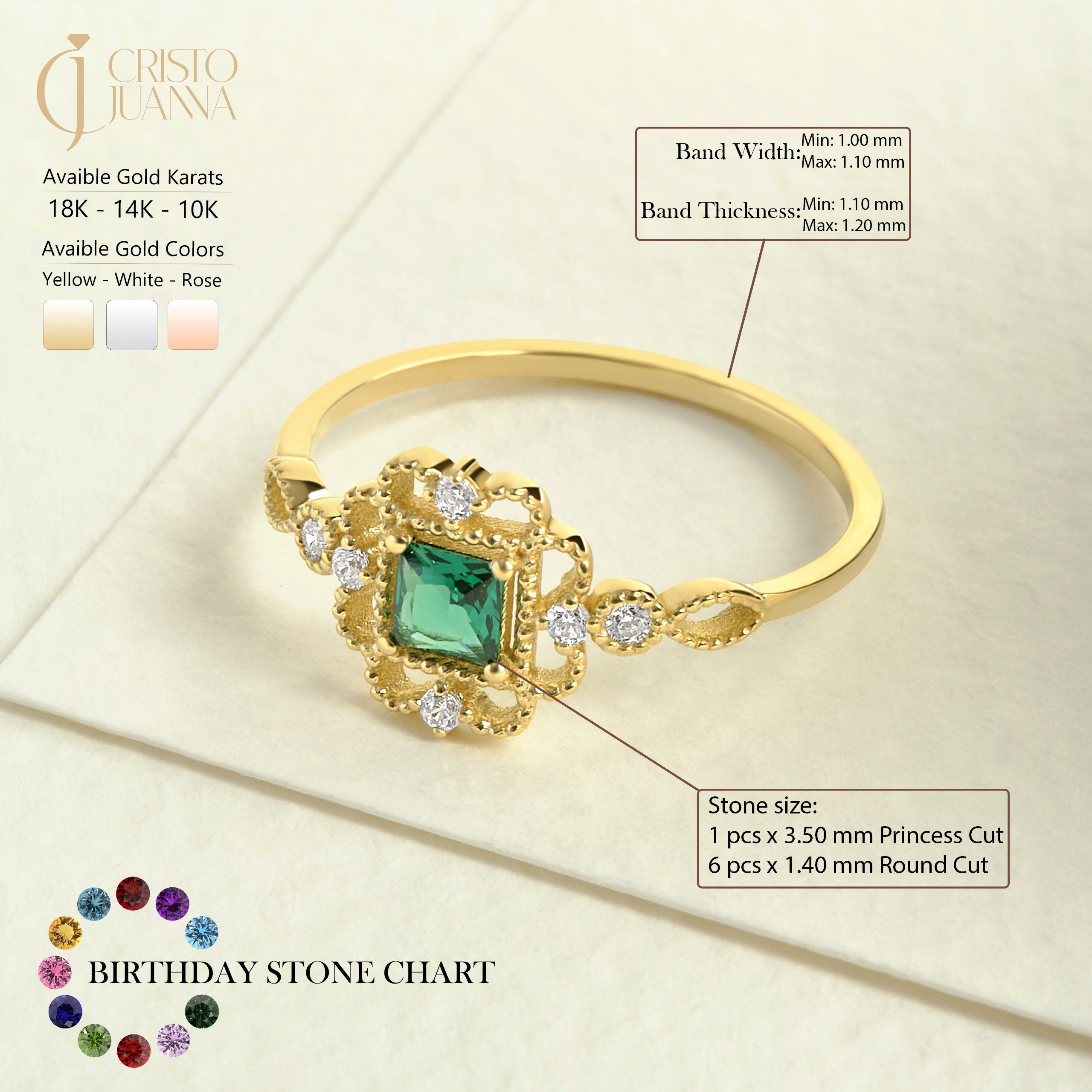 Princess Cut Emerald Engagement Ring – 10K / 14K / 18K Solid Gold 💚✨
A vibrant princess-cut emerald set in a delicate band accented with sparkling round diamonds. Its square silhouette and art deco charm make it a timeless engagement, promise, or birthstone ring. A perfect gift for emerald lovers and vintage jewelry enthusiasts.