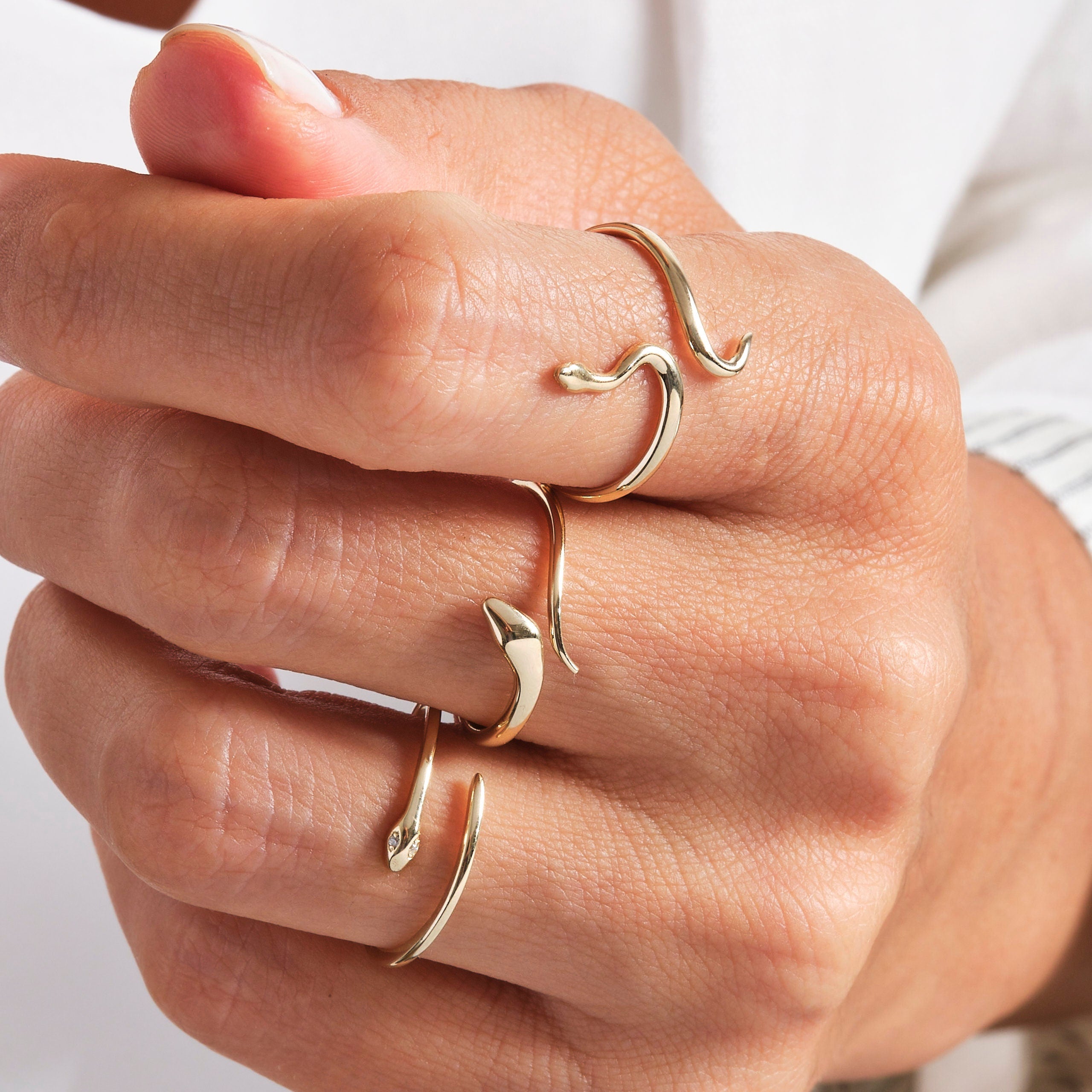 Here's the stylish snake stacking ring 14K solid gold spiral open ring by Christo! Our minimalist index finger cuff ring is perfect stackable wrapped adjustable band everyday ring for women. If you re looking for snake ring 14K gold and cuff ring