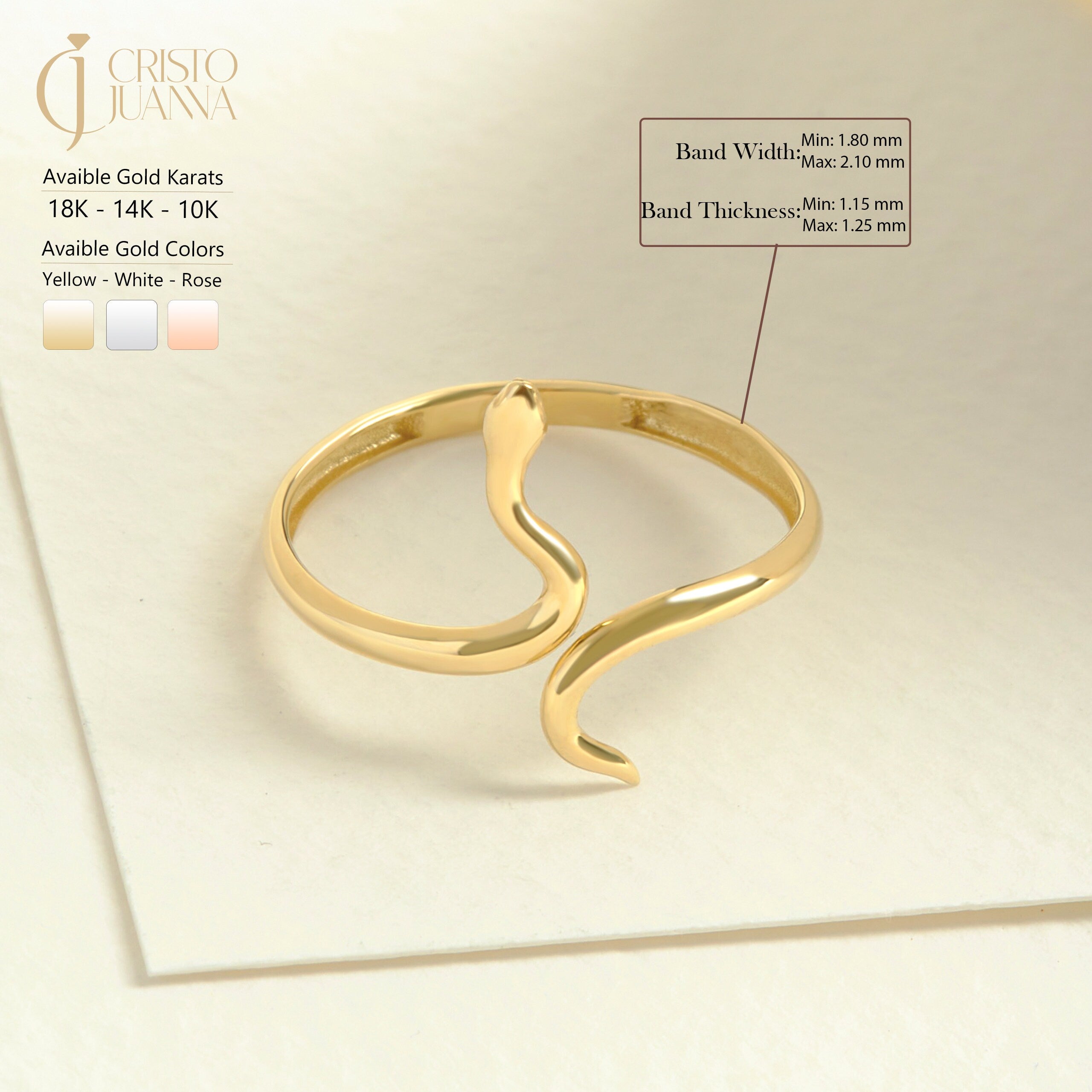 Here is the Stylish Gold Snake Ring 10K 14K 18K by Christo! Our  Solid Spiral Open Ring is perfect Minimalist Cuff Stacking Ring for Girls.