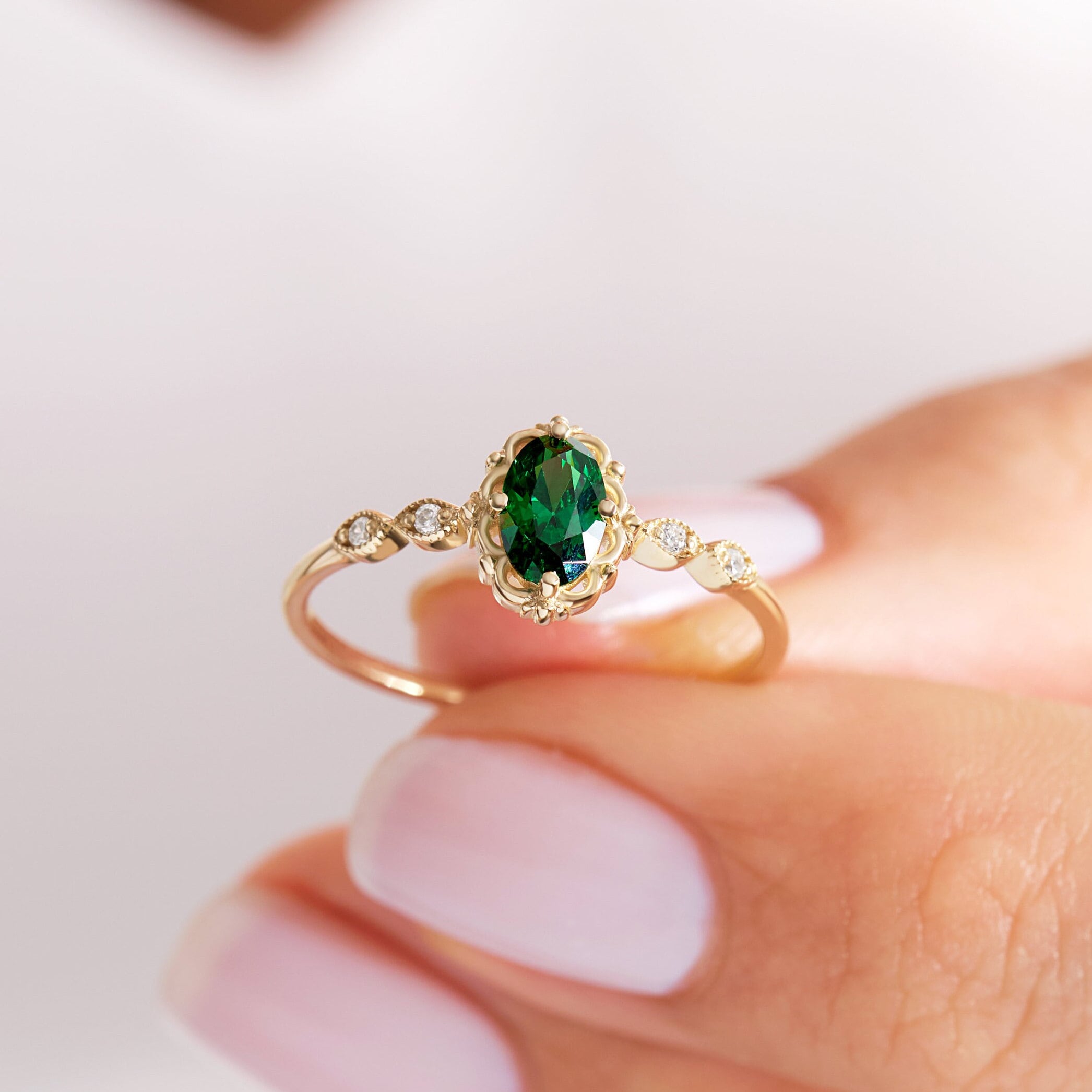 14K Solid Gold Natural Emerald Ring: Art Deco Genuine Raw Birthstone Wedding Band with Halo Diamond or Moissanite