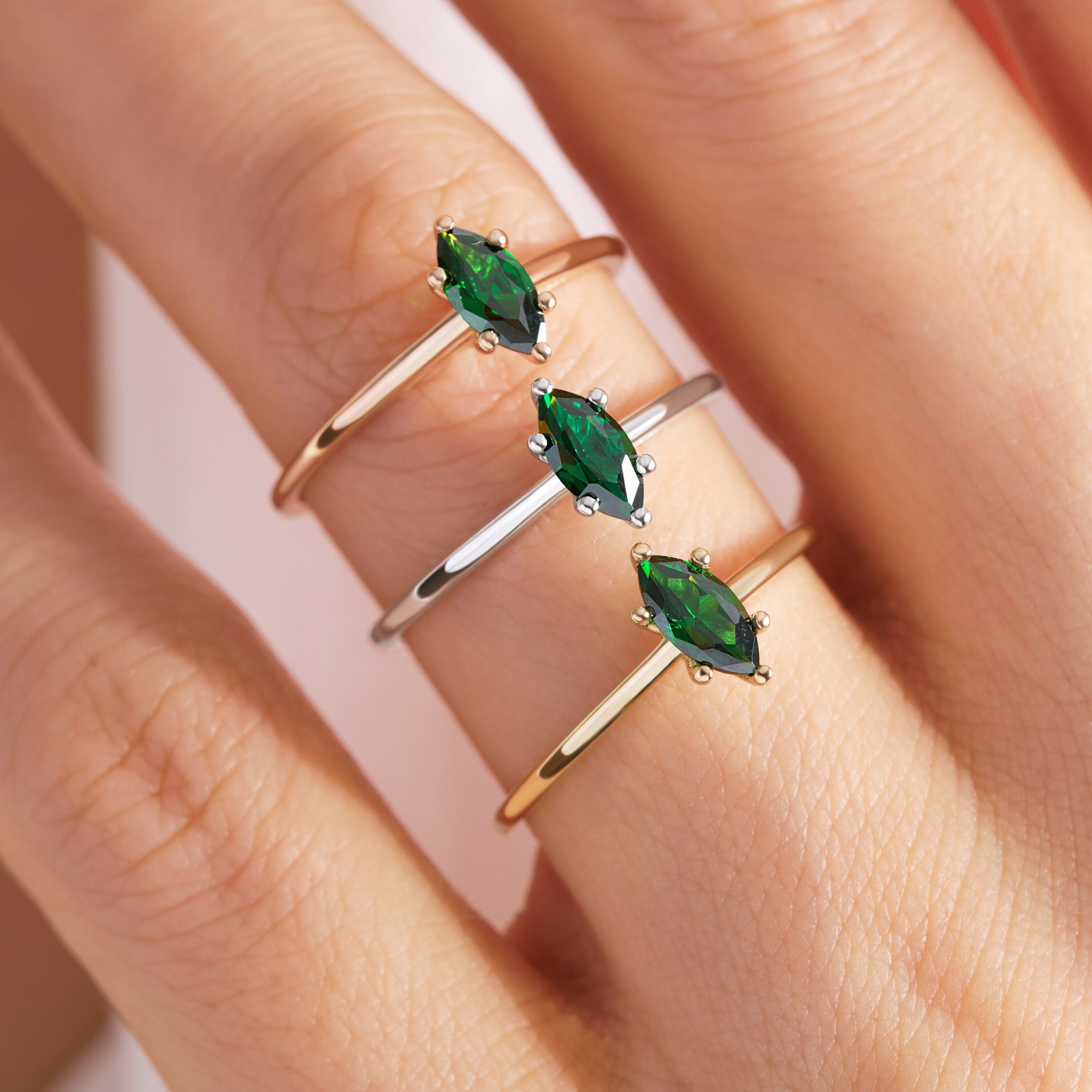 Here is our marquise cut emerald ring with 14K solid gold band for women! This solo birthstone ring for women and customize single stone ring will be perfect gift for her wedding or engagement ceremony.