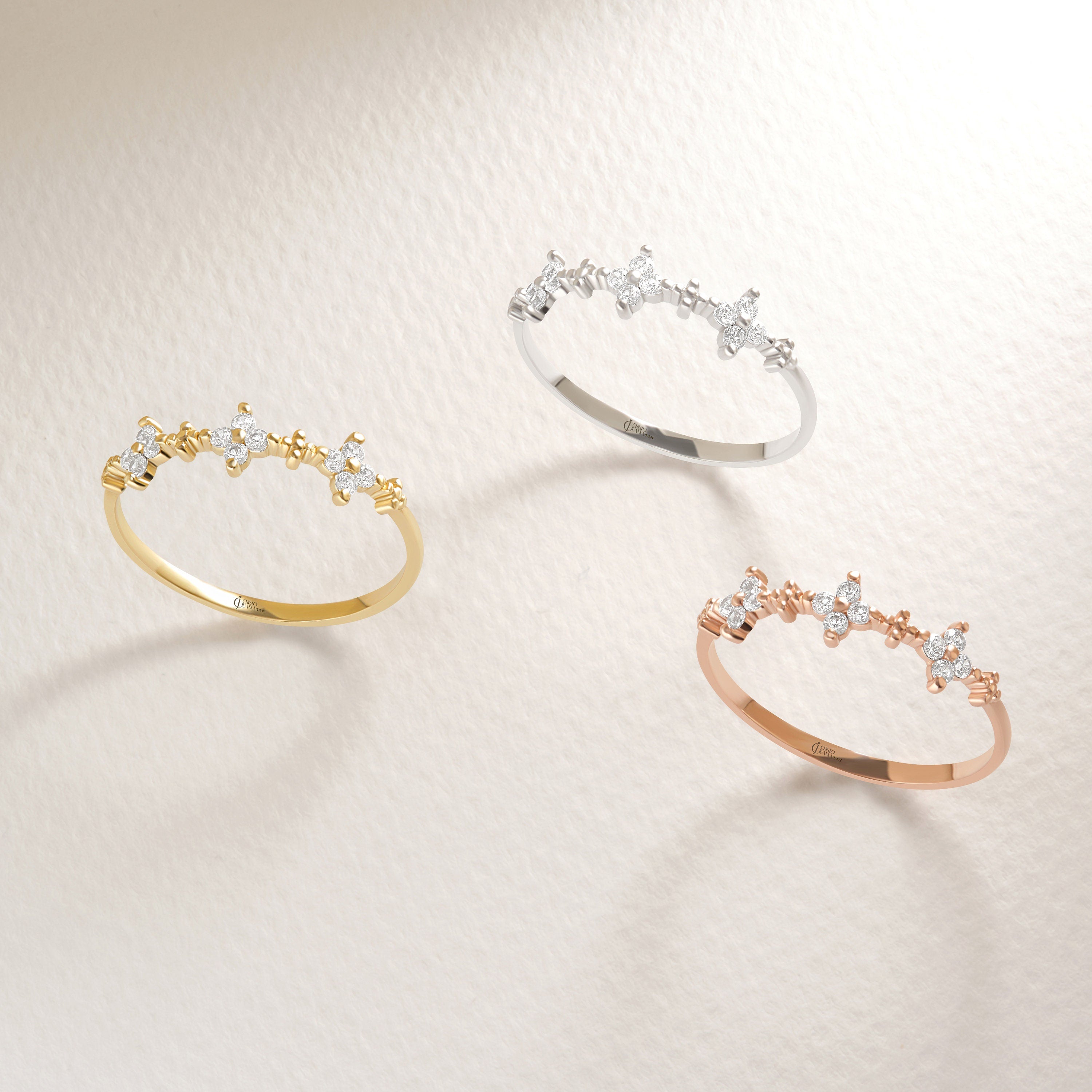 🌸 Diamond Clover Wedding Ring – 14K Solid Gold 🌸

Elegant and meaningful, the Diamond Clover Wedding Ring brings a touch of minimalist sparkle and natural symbolism to your hand. Set with dazzling moissanite stones, this delicate band is perfect for wearing alone or stacking with other rings for everyday elegance or special occasions.