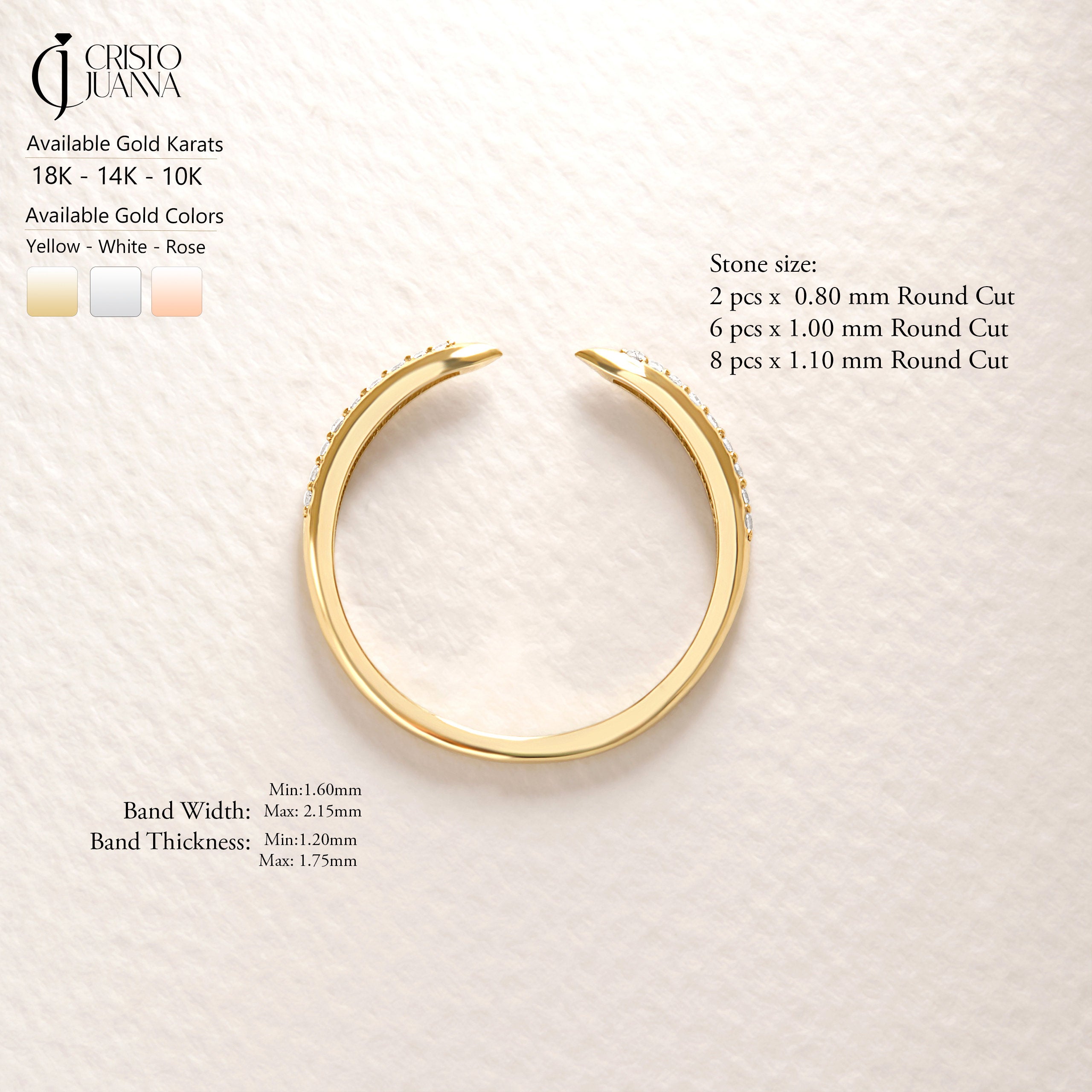Ring Features & Details 📐
Metal Options: 10K, 14K, 18K solid gold

Photographed in: 14K Yellow Gold

Color Options: Yellow Gold, White Gold, Rose Gold

Band Width: Min 1.60 mm – Max 2.15 mm

Band Thickness: Min 1.20 mm – Max 1.75 mm

Stones:

Default: High-quality Cubic Zirconia
 • 2 pcs x 0.80 mm round cut
 • 6 pcs x 1.00 mm round cut
 • 8 pcs x 1.10 mm round cut

Optional: Upgrade to pavé tiny moissanite for extra sparkle ✨
