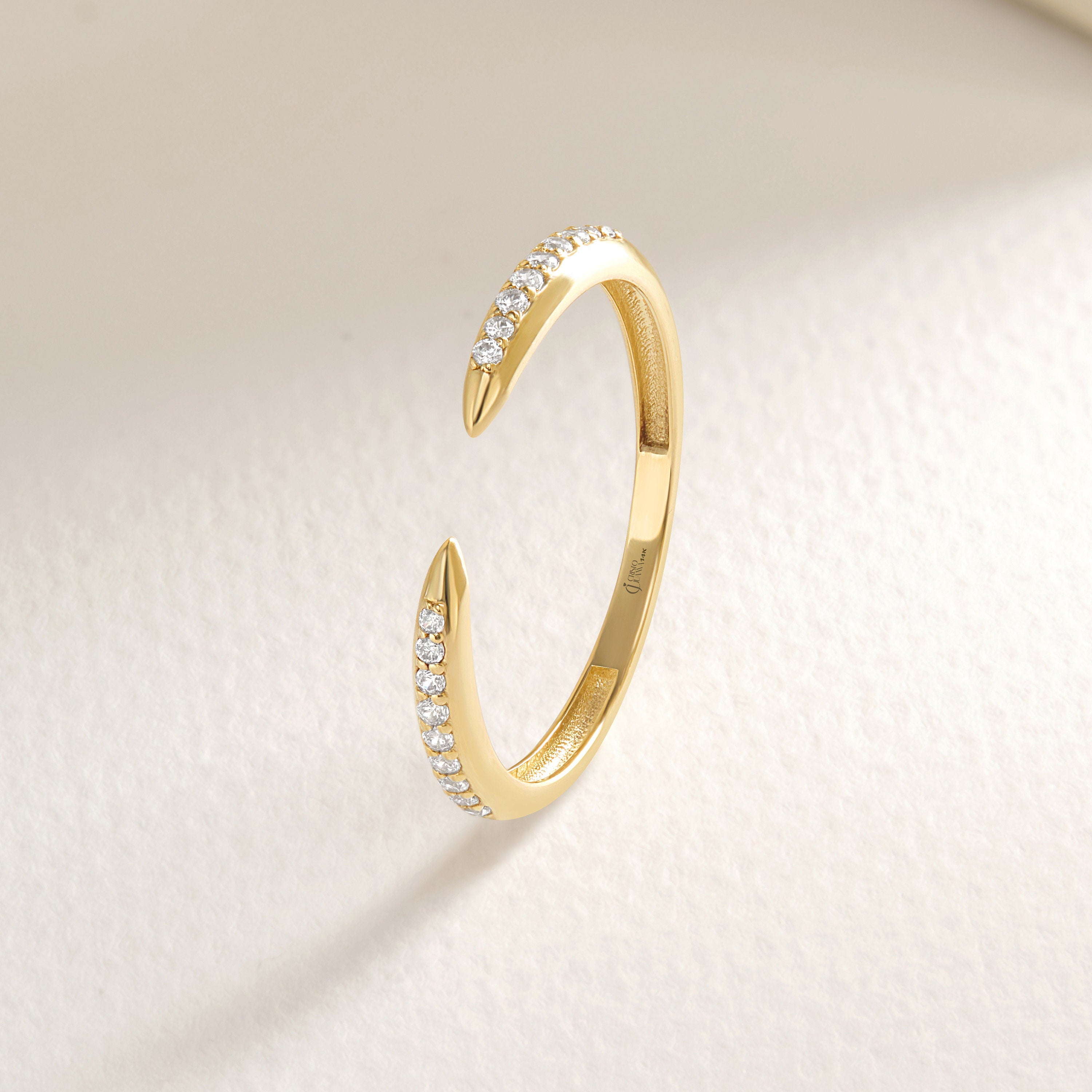 Here's the 14k Gold Small Diamond Spike Stacking Ring by Christo! Our Pave Tiny Moissanite Minimalist Open Cuff Adjustable Band is perfect Stackable and Daily Wear Ring for Girls. Solid Gold Crescent Moon Ring is designed as Index Finger Ring